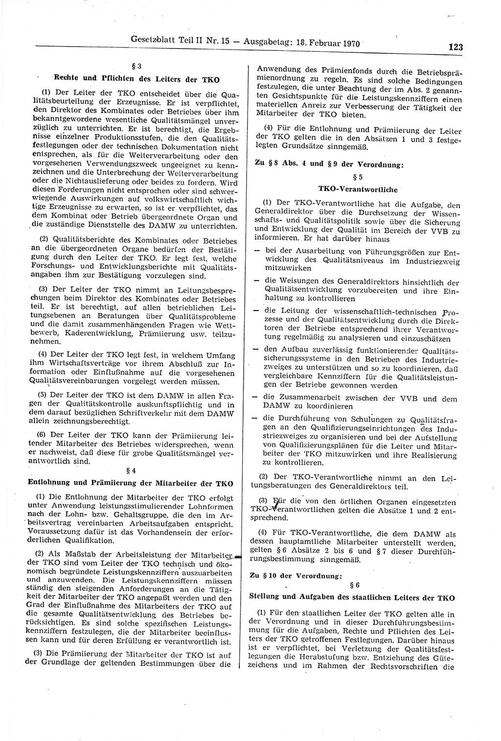 Gesetzblatt (GBl.) der Deutschen Demokratischen Republik (DDR) Teil ⅠⅠ 1970, Seite 123 (GBl. DDR ⅠⅠ 1970, S. 123)