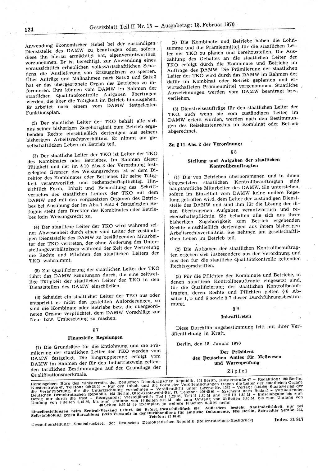 Gesetzblatt (GBl.) der Deutschen Demokratischen Republik (DDR) Teil ⅠⅠ 1970, Seite 124 (GBl. DDR ⅠⅠ 1970, S. 124)
