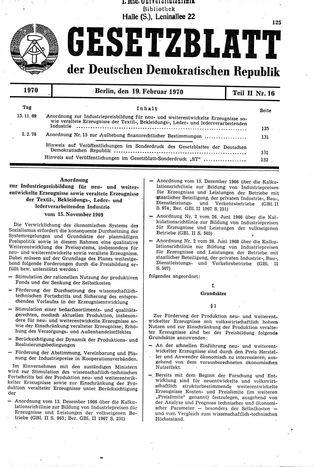Gesetzblatt (GBl.) der Deutschen Demokratischen Republik (DDR) Teil ⅠⅠ 1970, Seite 125 (GBl. DDR ⅠⅠ 1970, S. 125)