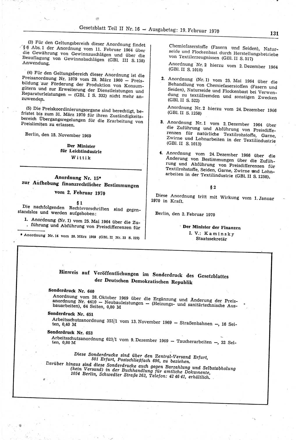 Gesetzblatt (GBl.) der Deutschen Demokratischen Republik (DDR) Teil ⅠⅠ 1970, Seite 131 (GBl. DDR ⅠⅠ 1970, S. 131)