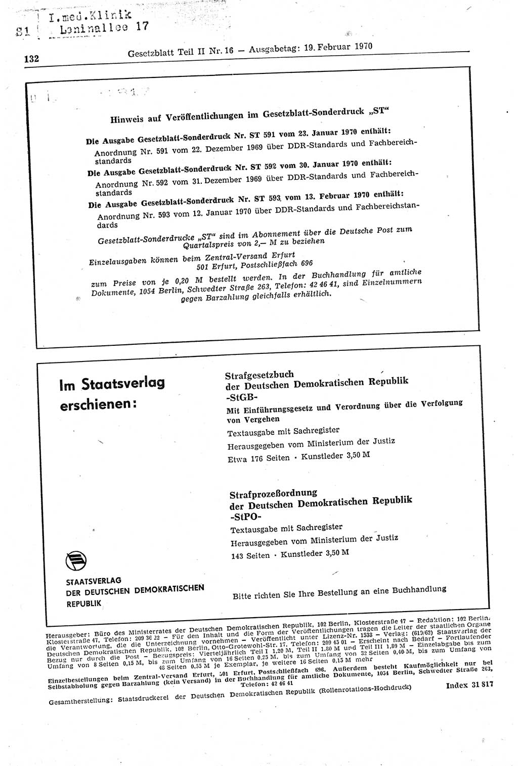 Gesetzblatt (GBl.) der Deutschen Demokratischen Republik (DDR) Teil ⅠⅠ 1970, Seite 132 (GBl. DDR ⅠⅠ 1970, S. 132)