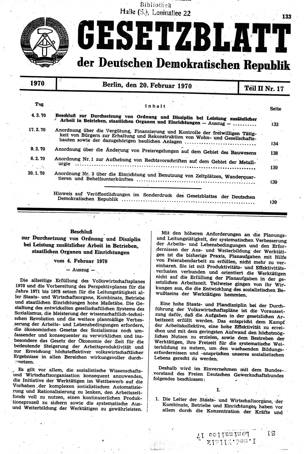 Gesetzblatt (GBl.) der Deutschen Demokratischen Republik (DDR) Teil ⅠⅠ 1970, Seite 133 (GBl. DDR ⅠⅠ 1970, S. 133)