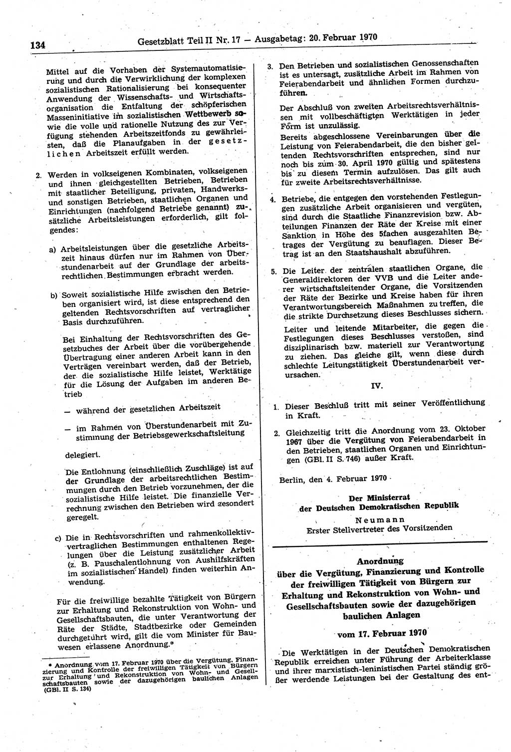 Gesetzblatt (GBl.) der Deutschen Demokratischen Republik (DDR) Teil ⅠⅠ 1970, Seite 134 (GBl. DDR ⅠⅠ 1970, S. 134)