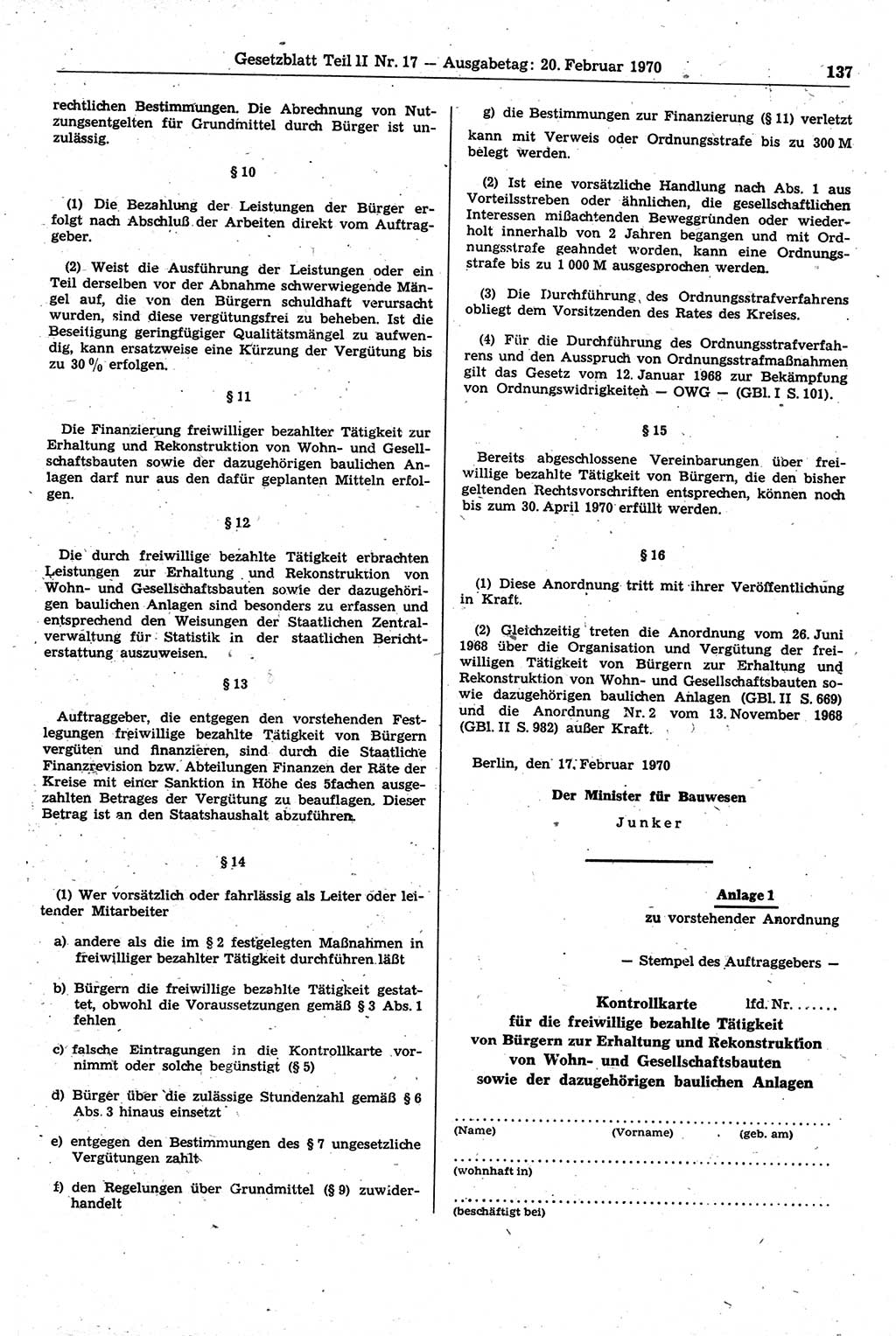 Gesetzblatt (GBl.) der Deutschen Demokratischen Republik (DDR) Teil ⅠⅠ 1970, Seite 137 (GBl. DDR ⅠⅠ 1970, S. 137)