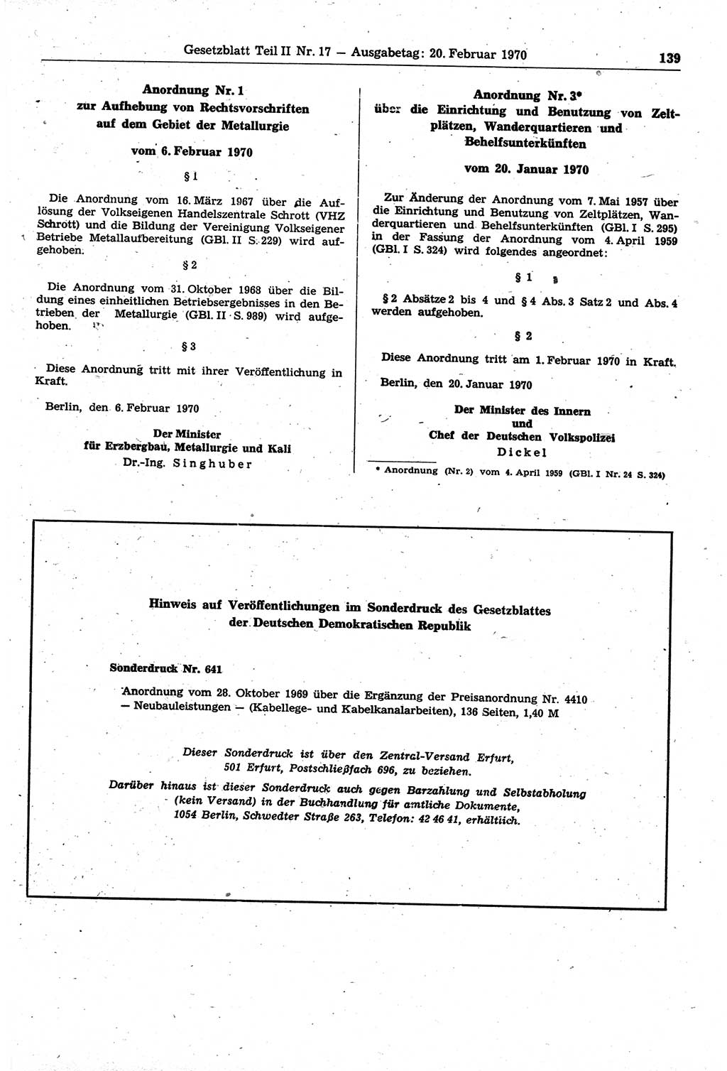 Gesetzblatt (GBl.) der Deutschen Demokratischen Republik (DDR) Teil ⅠⅠ 1970, Seite 139 (GBl. DDR ⅠⅠ 1970, S. 139)