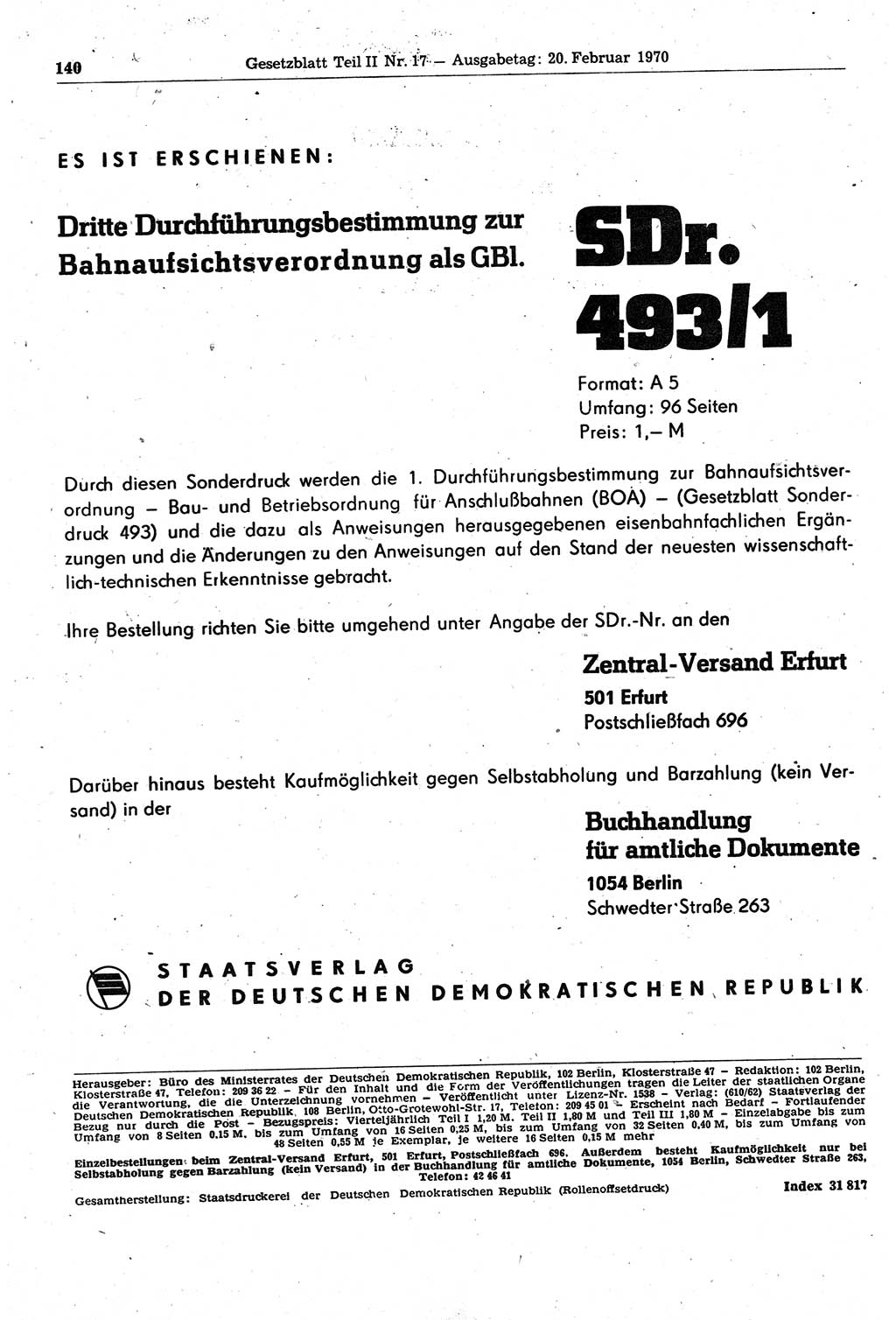 Gesetzblatt (GBl.) der Deutschen Demokratischen Republik (DDR) Teil ⅠⅠ 1970, Seite 140 (GBl. DDR ⅠⅠ 1970, S. 140)