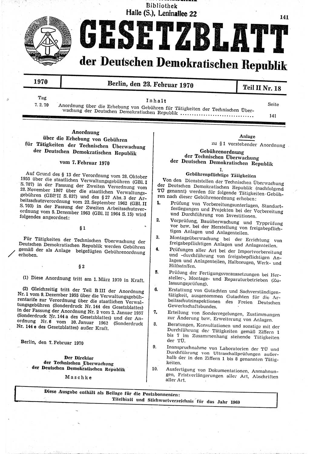 Gesetzblatt (GBl.) der Deutschen Demokratischen Republik (DDR) Teil ⅠⅠ 1970, Seite 141 (GBl. DDR ⅠⅠ 1970, S. 141)