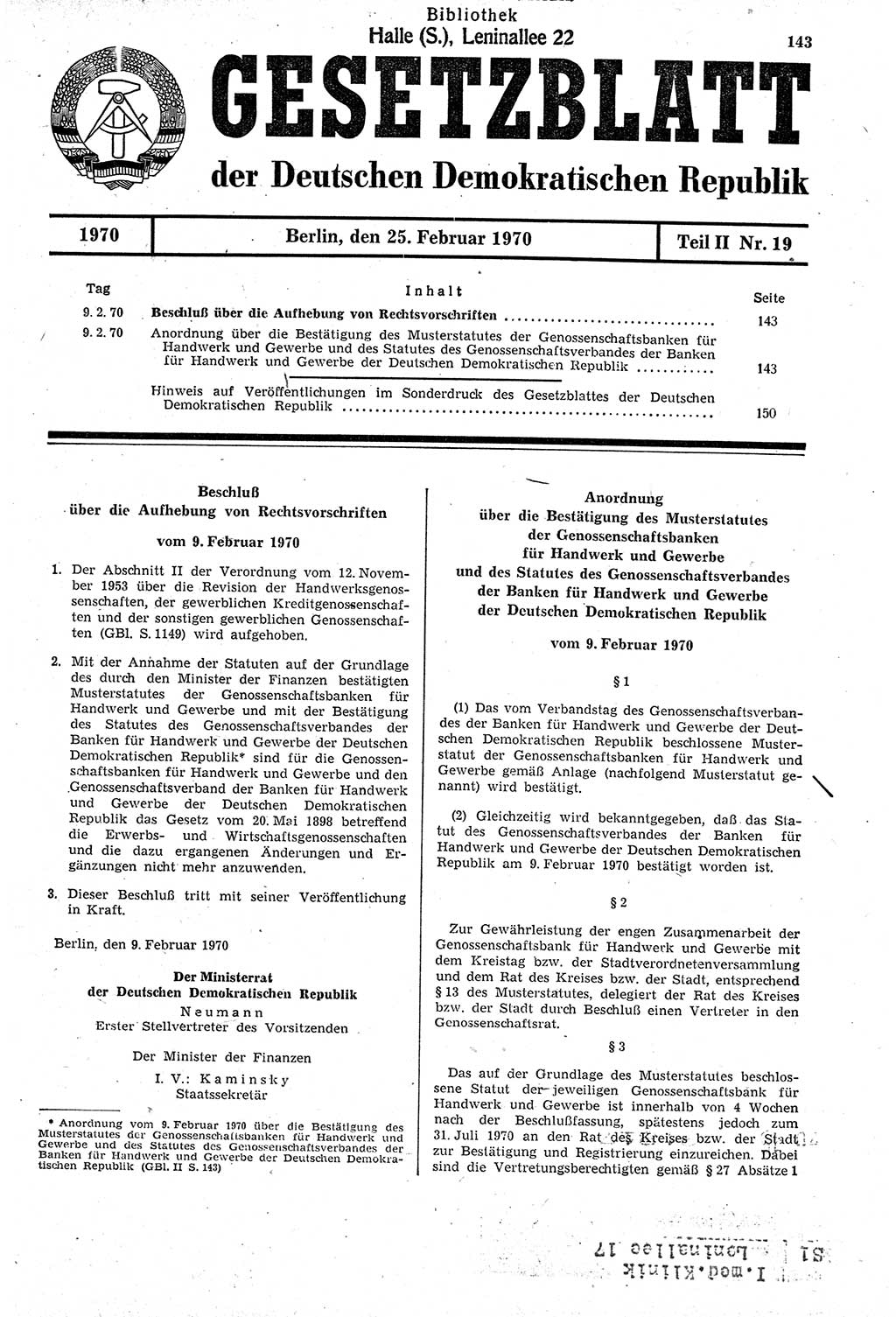 Gesetzblatt (GBl.) der Deutschen Demokratischen Republik (DDR) Teil ⅠⅠ 1970, Seite 143 (GBl. DDR ⅠⅠ 1970, S. 143)