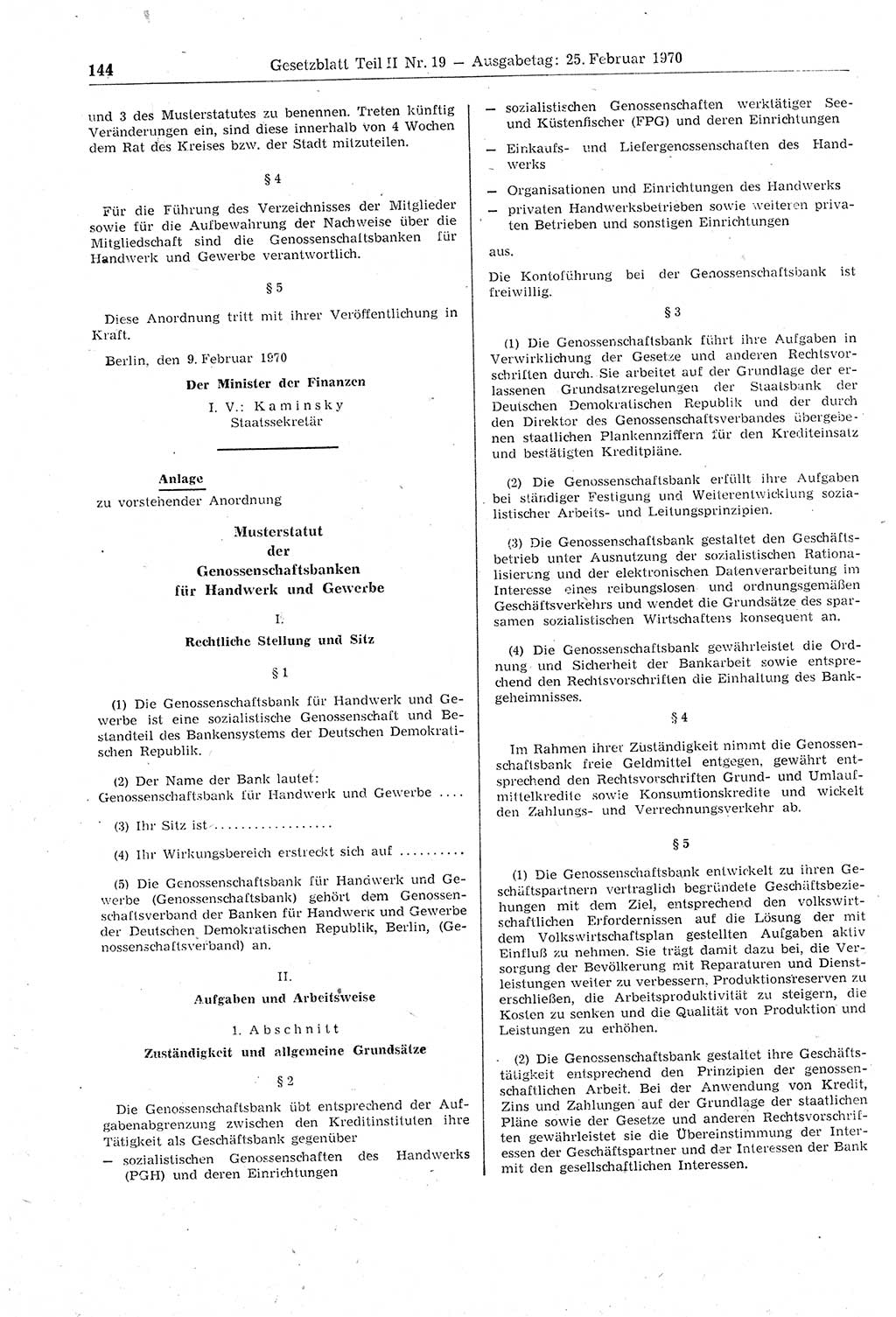 Gesetzblatt (GBl.) der Deutschen Demokratischen Republik (DDR) Teil ⅠⅠ 1970, Seite 144 (GBl. DDR ⅠⅠ 1970, S. 144)