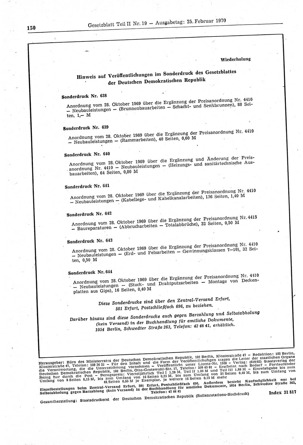 Gesetzblatt (GBl.) der Deutschen Demokratischen Republik (DDR) Teil ⅠⅠ 1970, Seite 150 (GBl. DDR ⅠⅠ 1970, S. 150)