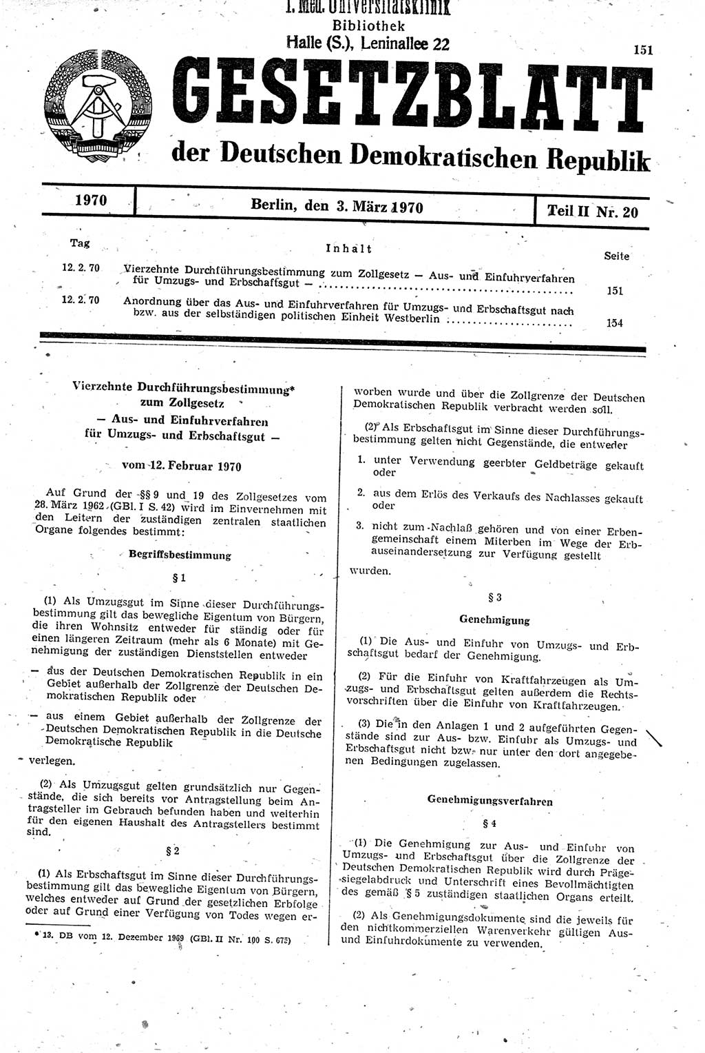 Gesetzblatt (GBl.) der Deutschen Demokratischen Republik (DDR) Teil ⅠⅠ 1970, Seite 151 (GBl. DDR ⅠⅠ 1970, S. 151)