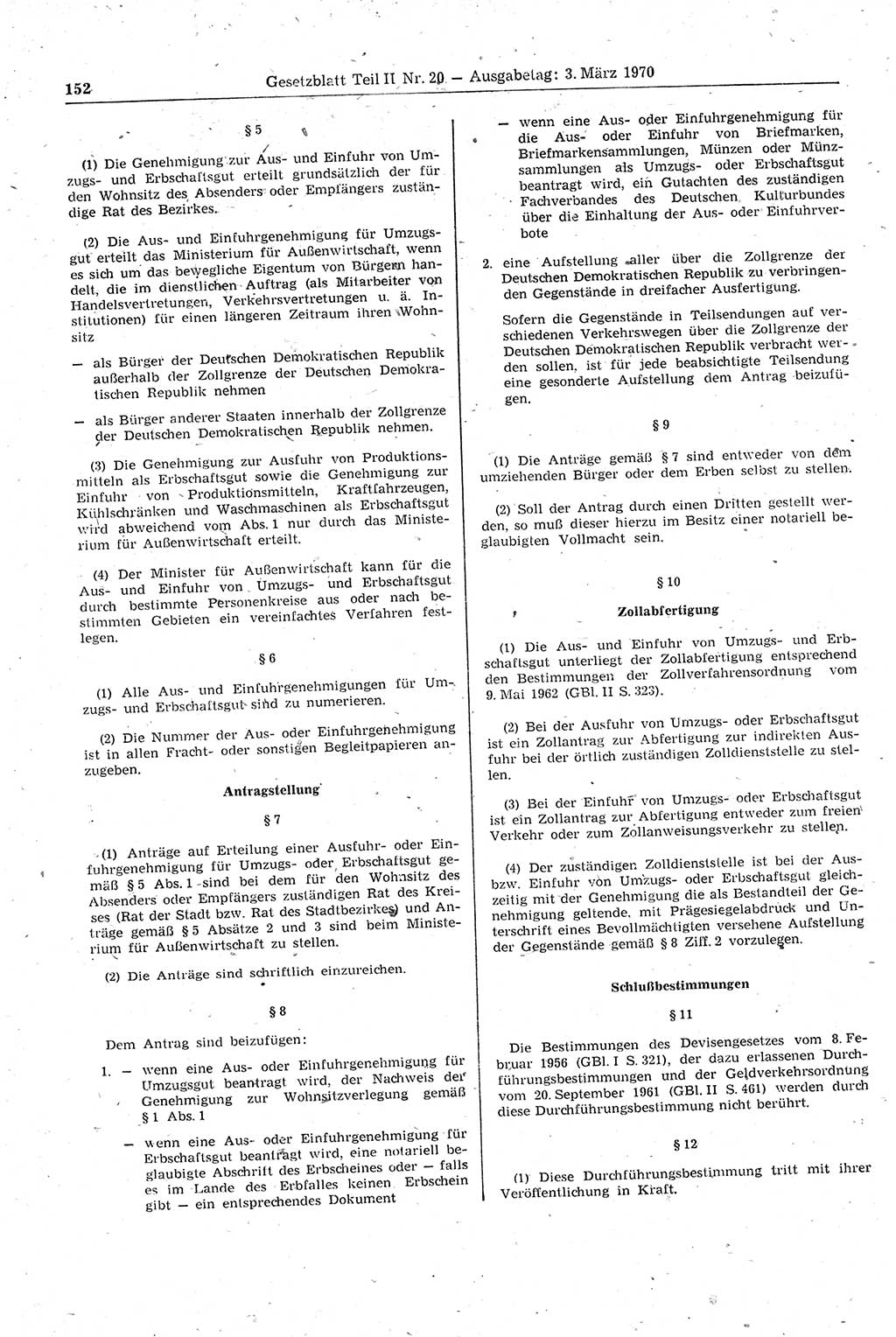 Gesetzblatt (GBl.) der Deutschen Demokratischen Republik (DDR) Teil ⅠⅠ 1970, Seite 152 (GBl. DDR ⅠⅠ 1970, S. 152)