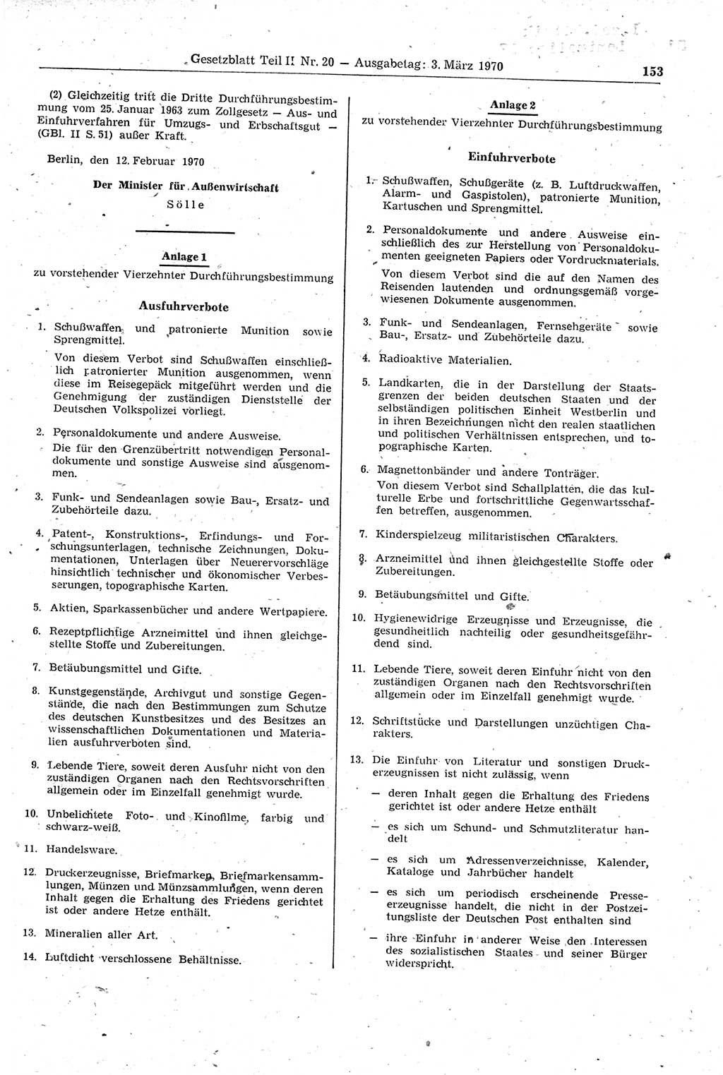 Gesetzblatt (GBl.) der Deutschen Demokratischen Republik (DDR) Teil ⅠⅠ 1970, Seite 153 (GBl. DDR ⅠⅠ 1970, S. 153)