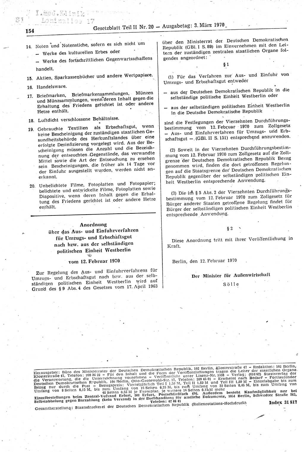 Gesetzblatt (GBl.) der Deutschen Demokratischen Republik (DDR) Teil ⅠⅠ 1970, Seite 154 (GBl. DDR ⅠⅠ 1970, S. 154)
