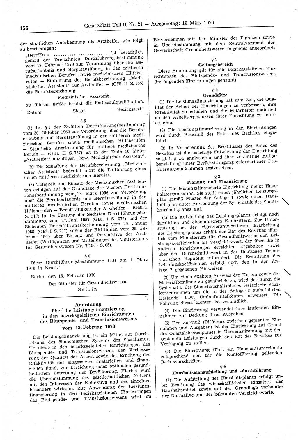 Gesetzblatt (GBl.) der Deutschen Demokratischen Republik (DDR) Teil ⅠⅠ 1970, Seite 156 (GBl. DDR ⅠⅠ 1970, S. 156)