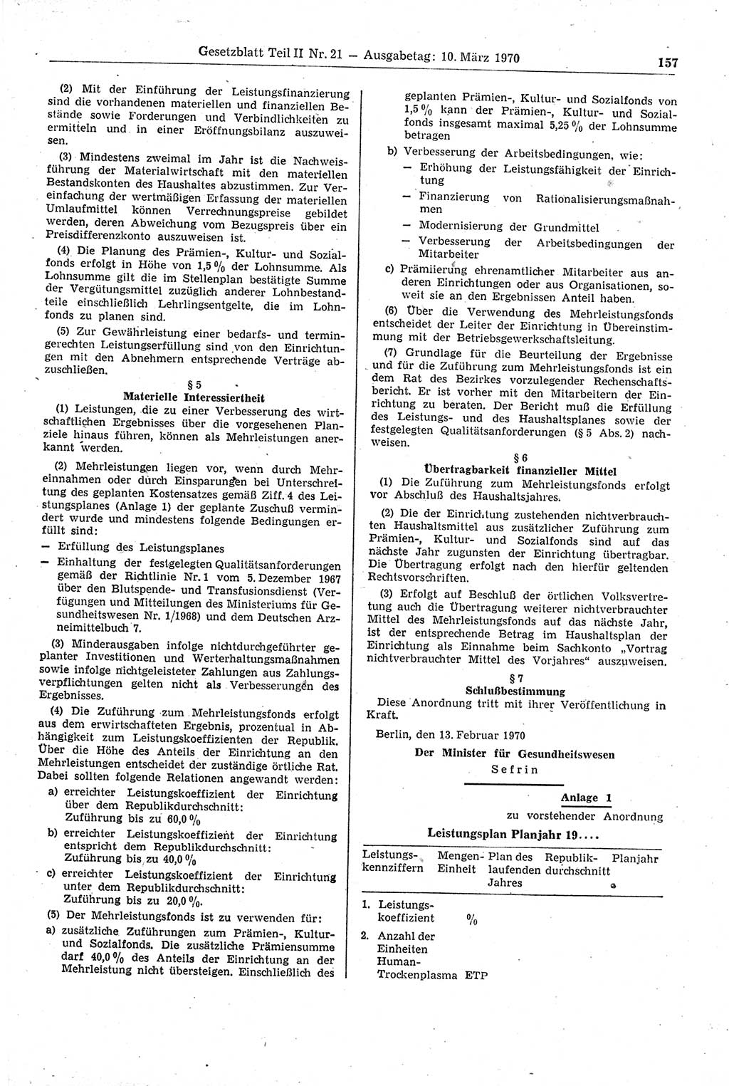 Gesetzblatt (GBl.) der Deutschen Demokratischen Republik (DDR) Teil ⅠⅠ 1970, Seite 157 (GBl. DDR ⅠⅠ 1970, S. 157)