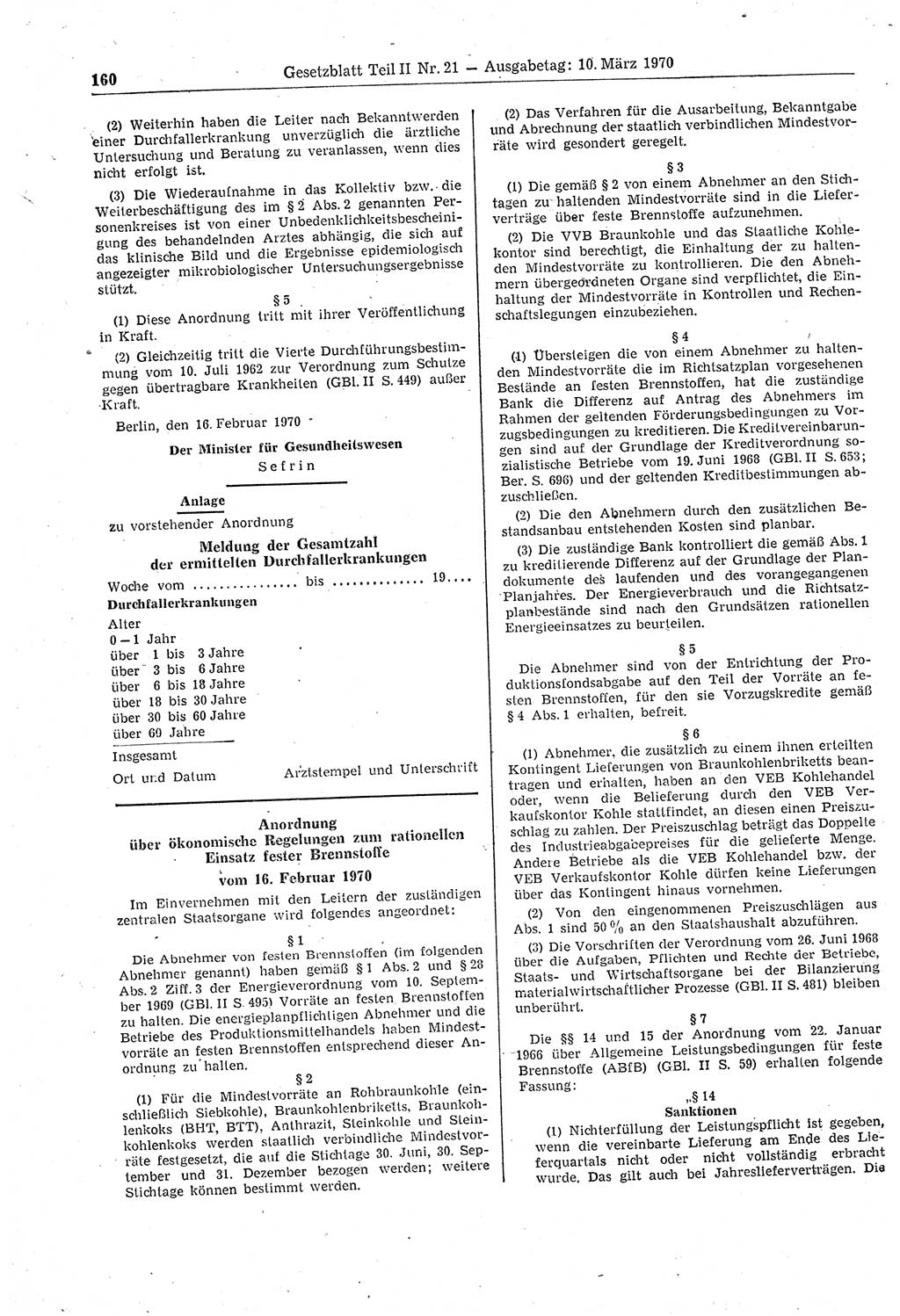 Gesetzblatt (GBl.) der Deutschen Demokratischen Republik (DDR) Teil ⅠⅠ 1970, Seite 160 (GBl. DDR ⅠⅠ 1970, S. 160)