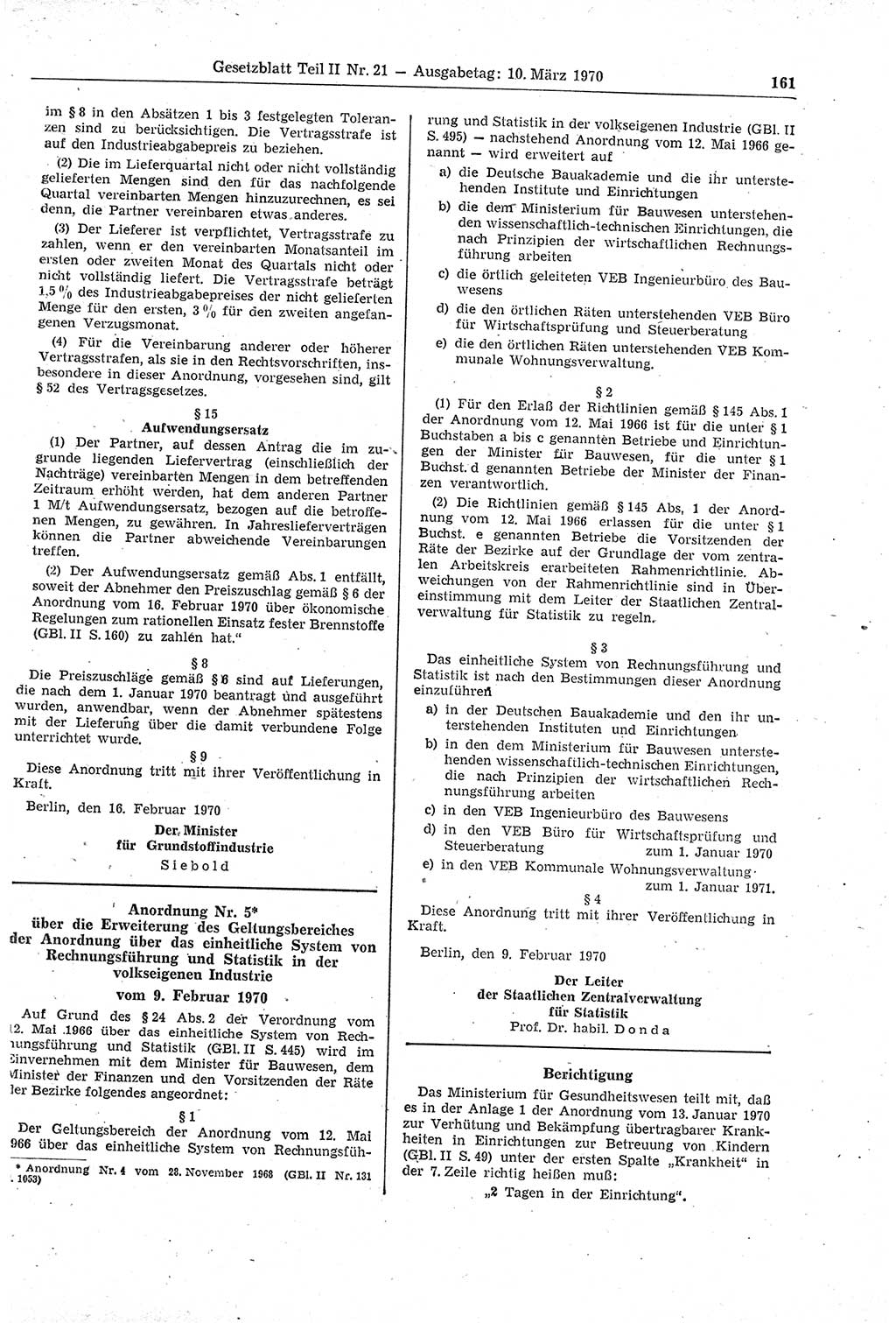 Gesetzblatt (GBl.) der Deutschen Demokratischen Republik (DDR) Teil ⅠⅠ 1970, Seite 161 (GBl. DDR ⅠⅠ 1970, S. 161)