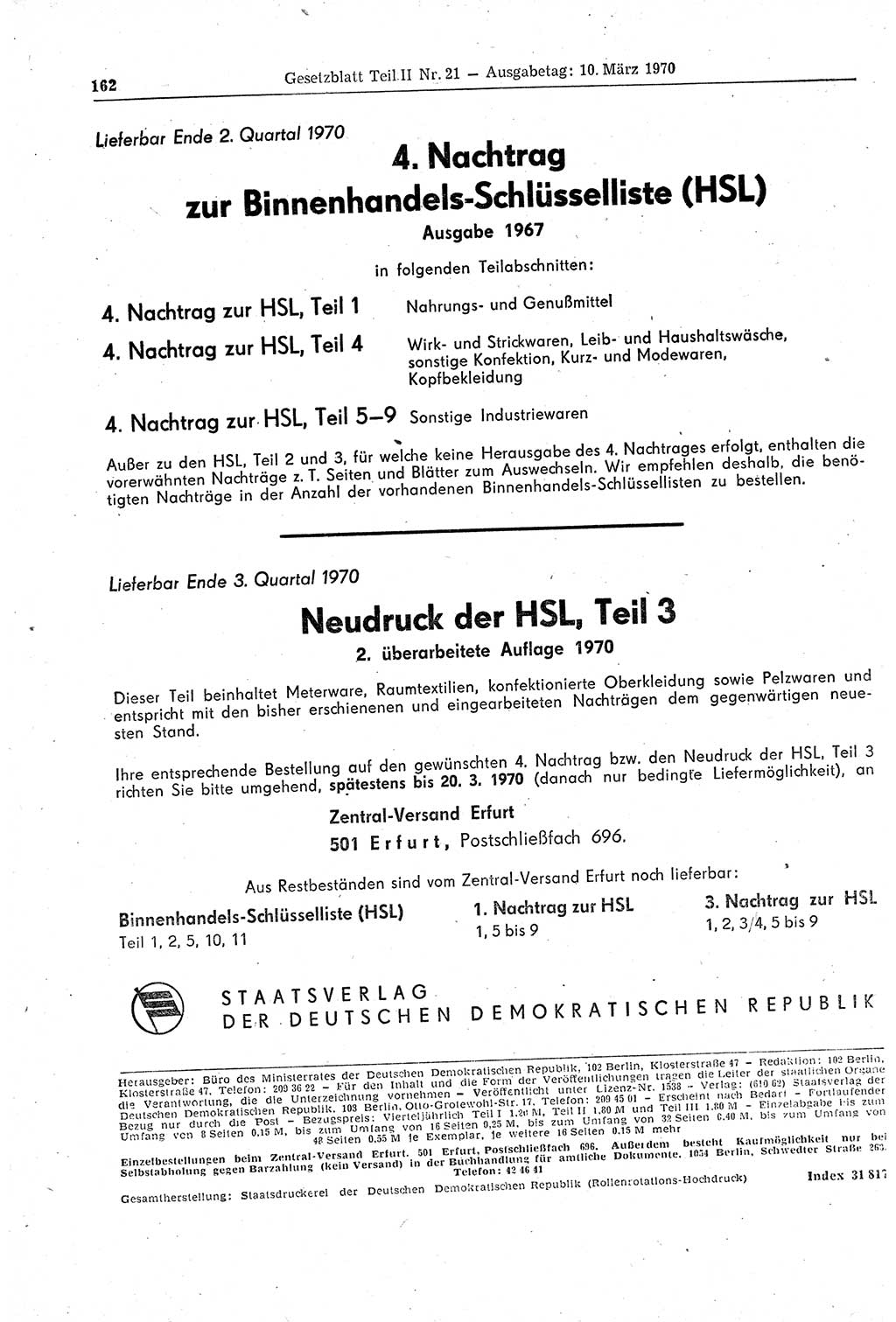 Gesetzblatt (GBl.) der Deutschen Demokratischen Republik (DDR) Teil ⅠⅠ 1970, Seite 162 (GBl. DDR ⅠⅠ 1970, S. 162)