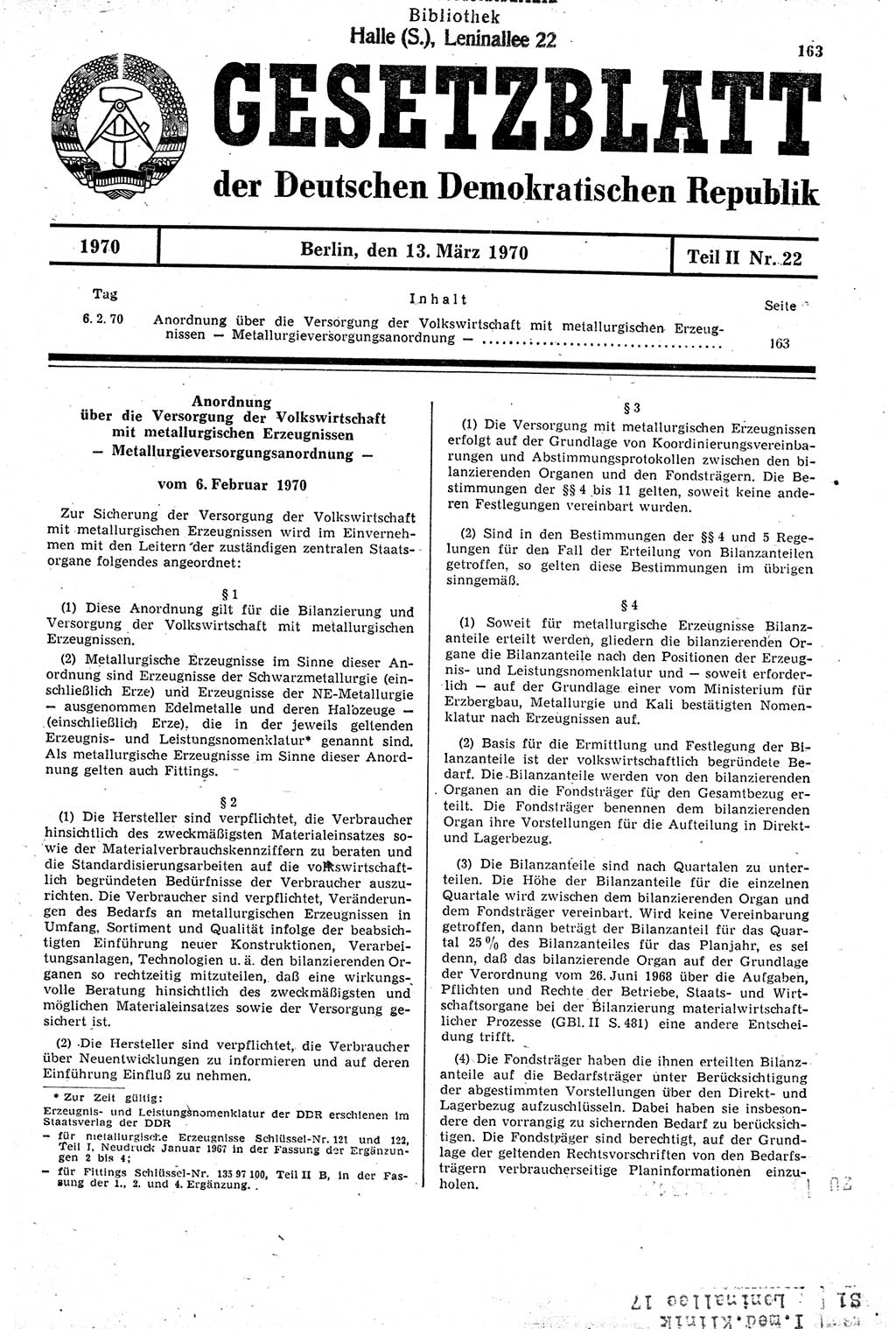 Gesetzblatt (GBl.) der Deutschen Demokratischen Republik (DDR) Teil ⅠⅠ 1970, Seite 163 (GBl. DDR ⅠⅠ 1970, S. 163)