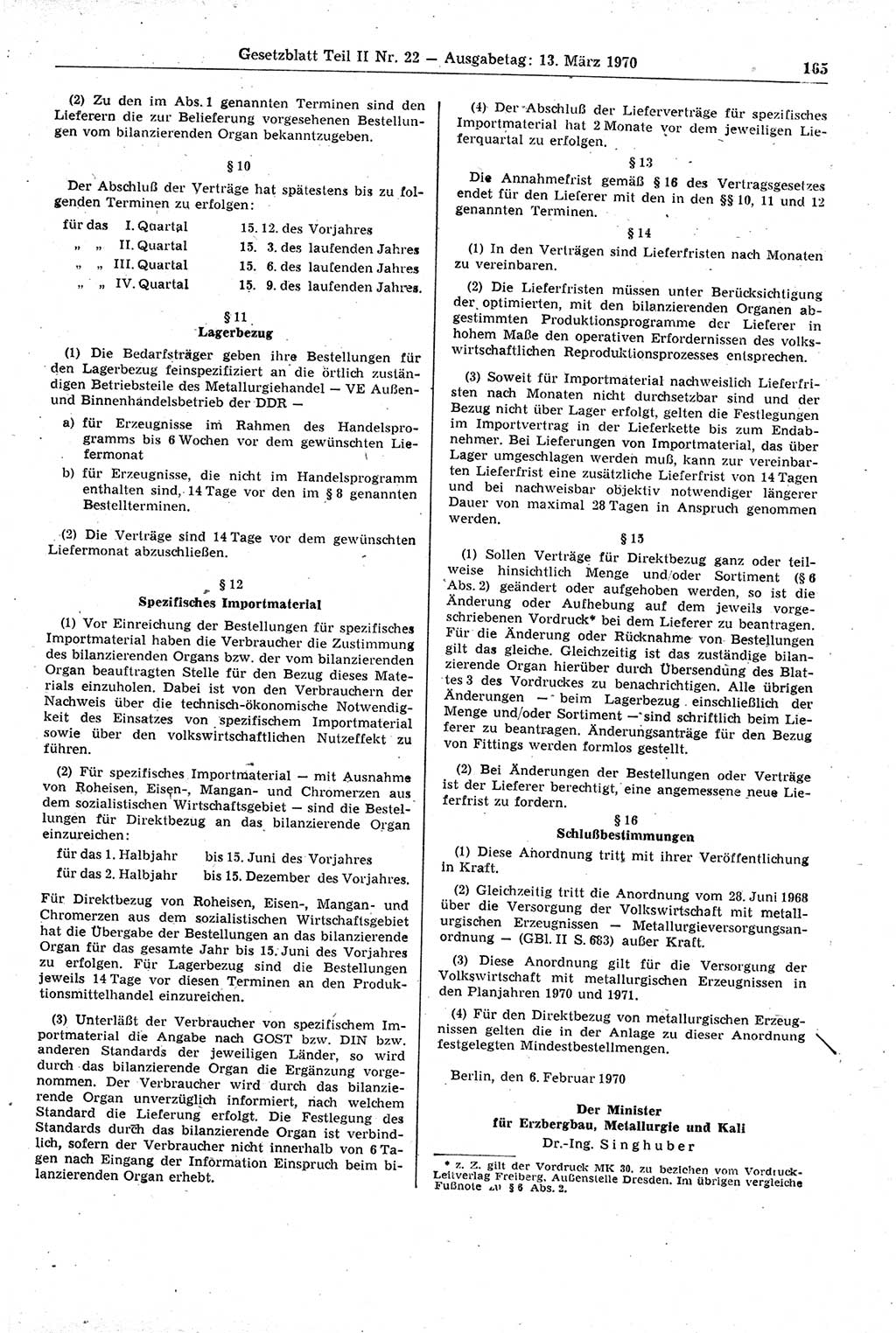 Gesetzblatt (GBl.) der Deutschen Demokratischen Republik (DDR) Teil ⅠⅠ 1970, Seite 165 (GBl. DDR ⅠⅠ 1970, S. 165)
