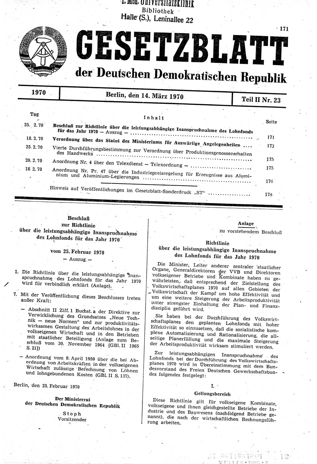 Gesetzblatt (GBl.) der Deutschen Demokratischen Republik (DDR) Teil ⅠⅠ 1970, Seite 171 (GBl. DDR ⅠⅠ 1970, S. 171)