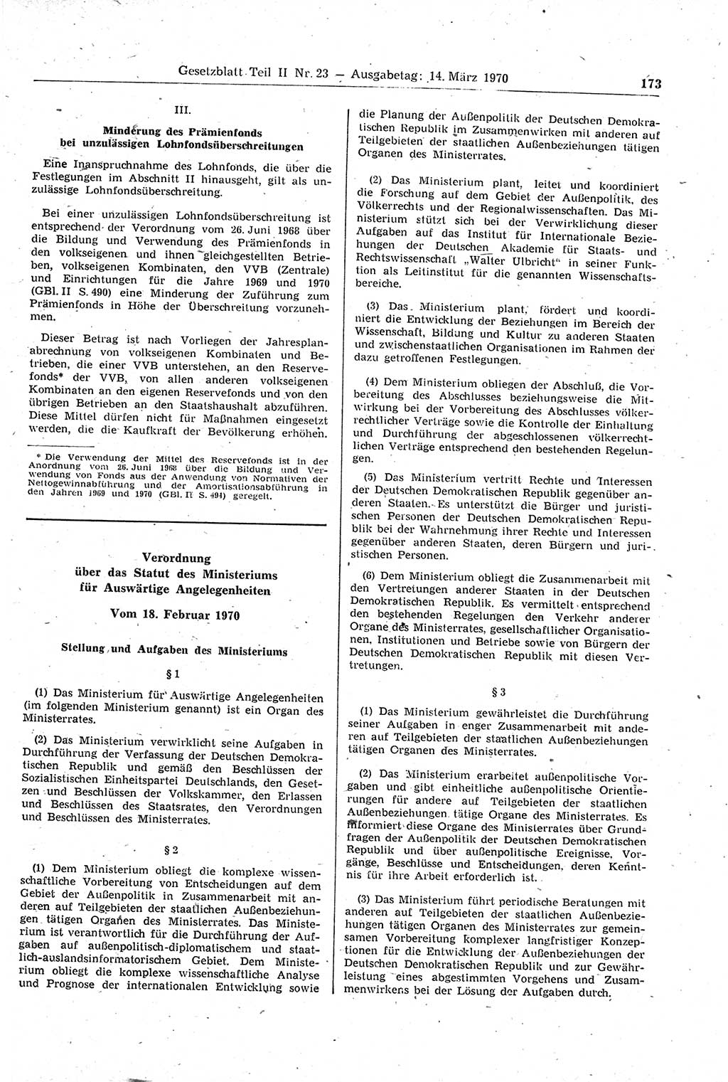 Gesetzblatt (GBl.) der Deutschen Demokratischen Republik (DDR) Teil ⅠⅠ 1970, Seite 173 (GBl. DDR ⅠⅠ 1970, S. 173)