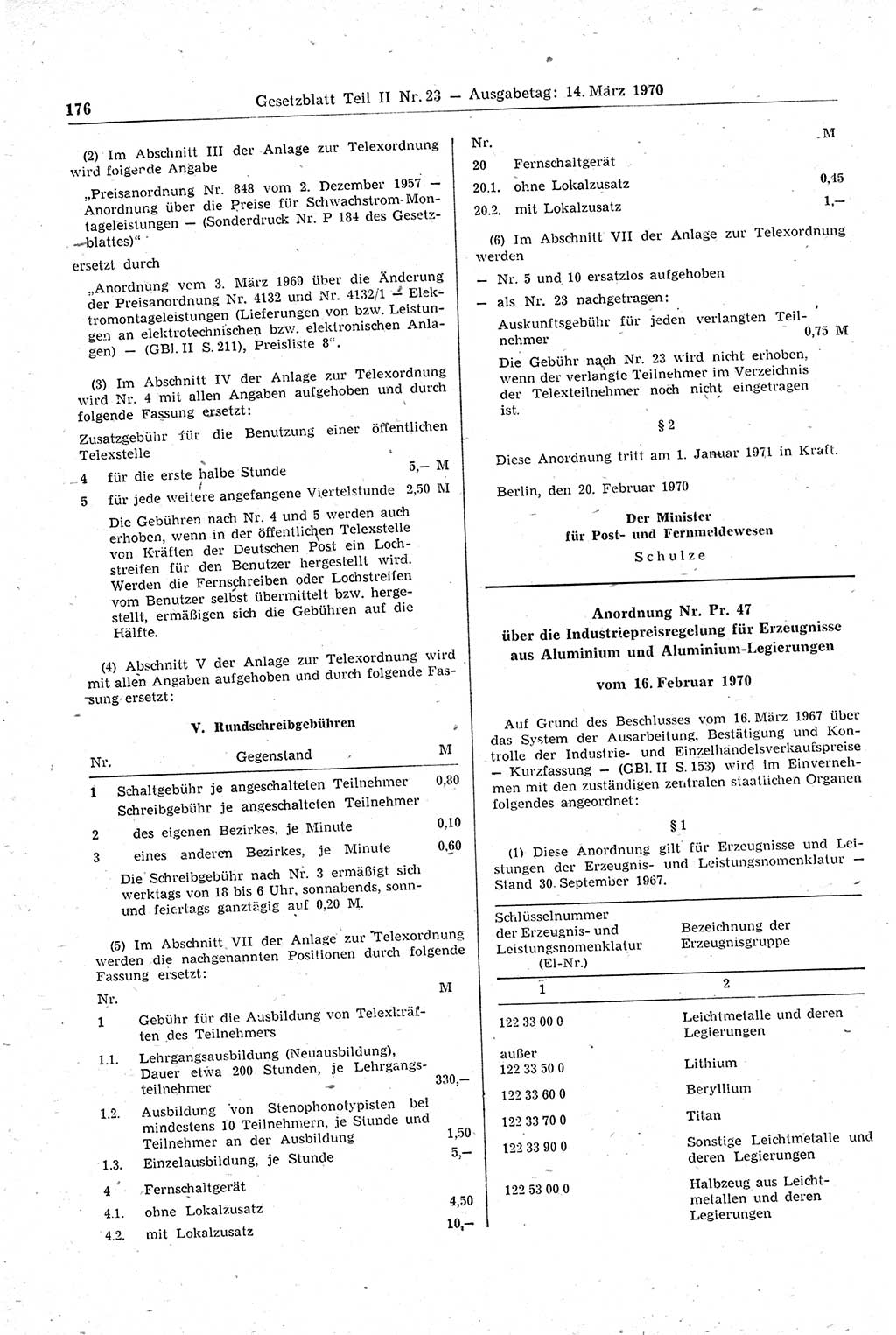 Gesetzblatt (GBl.) der Deutschen Demokratischen Republik (DDR) Teil ⅠⅠ 1970, Seite 176 (GBl. DDR ⅠⅠ 1970, S. 176)