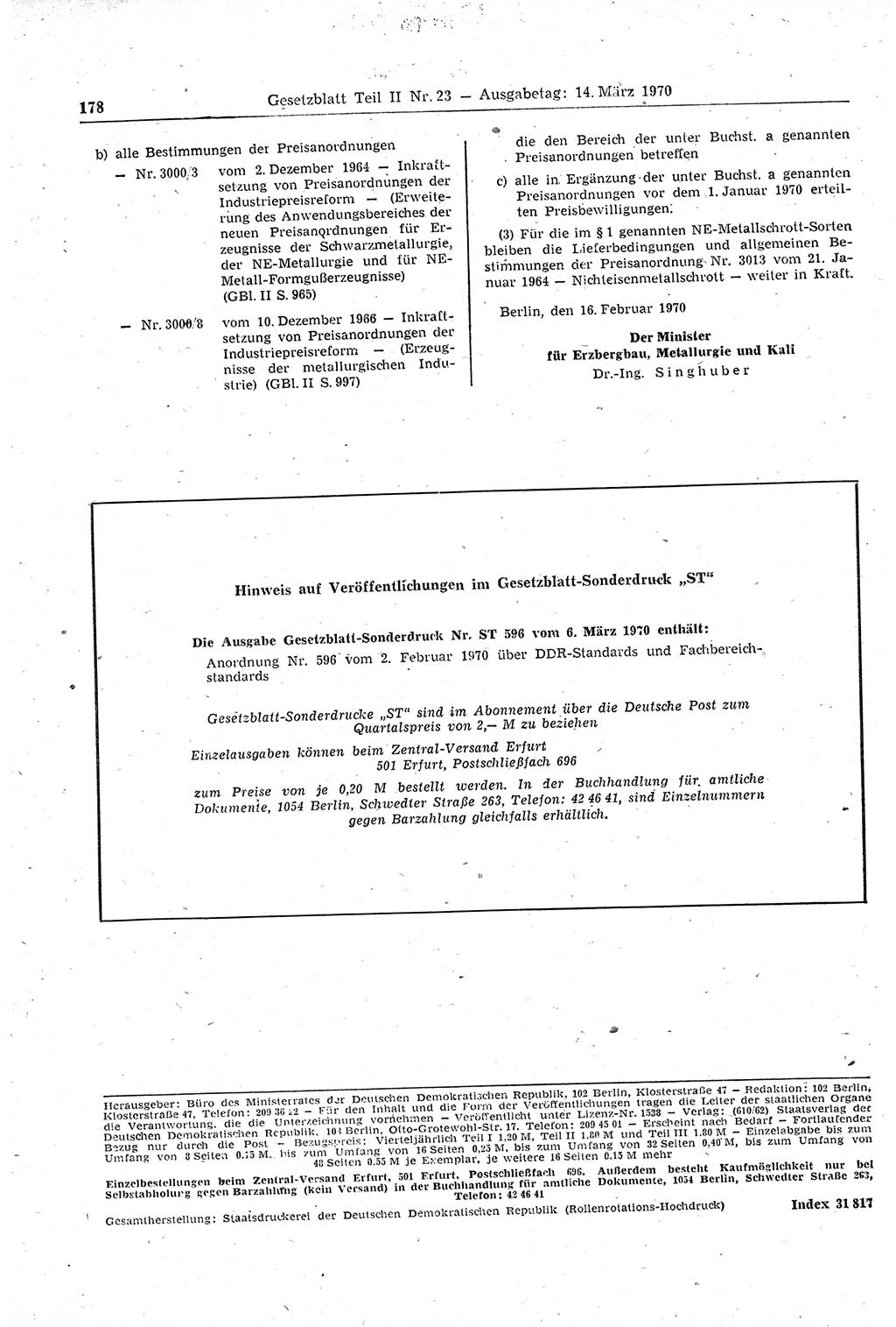 Gesetzblatt (GBl.) der Deutschen Demokratischen Republik (DDR) Teil ⅠⅠ 1970, Seite 178 (GBl. DDR ⅠⅠ 1970, S. 178)