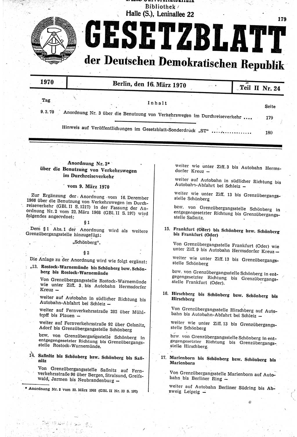 Gesetzblatt (GBl.) der Deutschen Demokratischen Republik (DDR) Teil ⅠⅠ 1970, Seite 179 (GBl. DDR ⅠⅠ 1970, S. 179)
