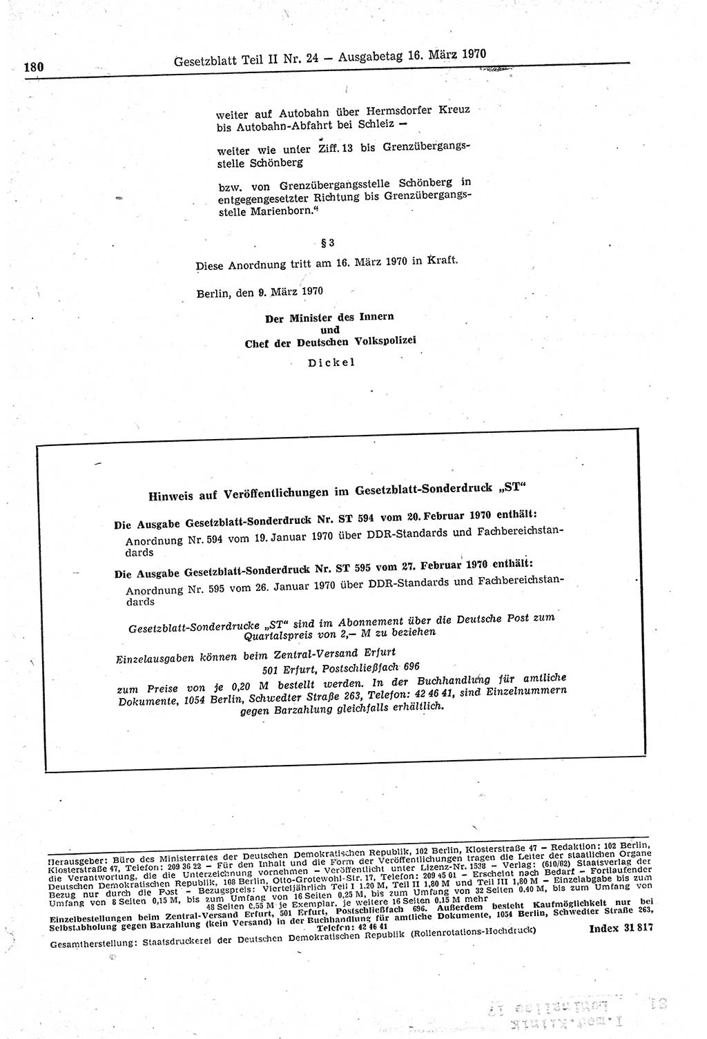 Gesetzblatt (GBl.) der Deutschen Demokratischen Republik (DDR) Teil ⅠⅠ 1970, Seite 180 (GBl. DDR ⅠⅠ 1970, S. 180)