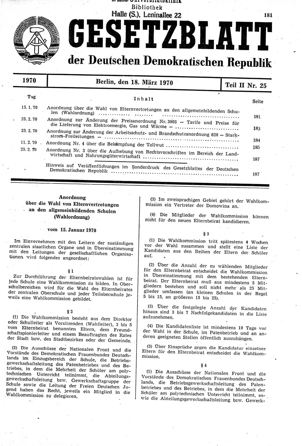 Gesetzblatt (GBl.) der Deutschen Demokratischen Republik (DDR) Teil ⅠⅠ 1970, Seite 181 (GBl. DDR ⅠⅠ 1970, S. 181)