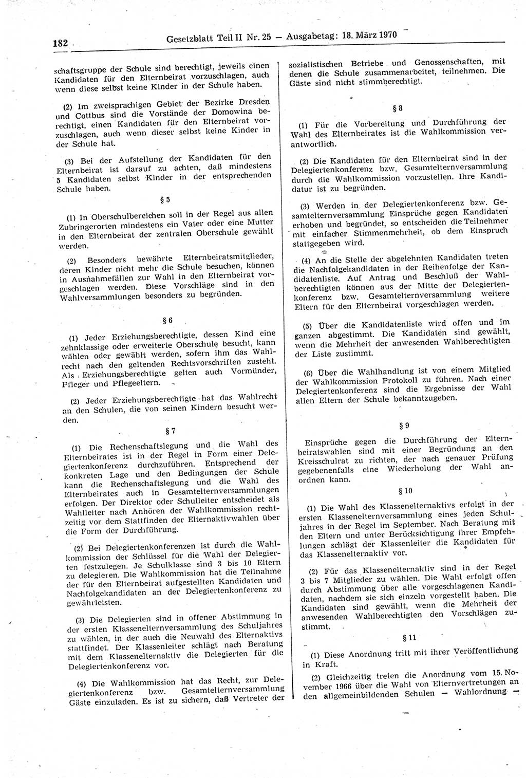 Gesetzblatt (GBl.) der Deutschen Demokratischen Republik (DDR) Teil ⅠⅠ 1970, Seite 182 (GBl. DDR ⅠⅠ 1970, S. 182)