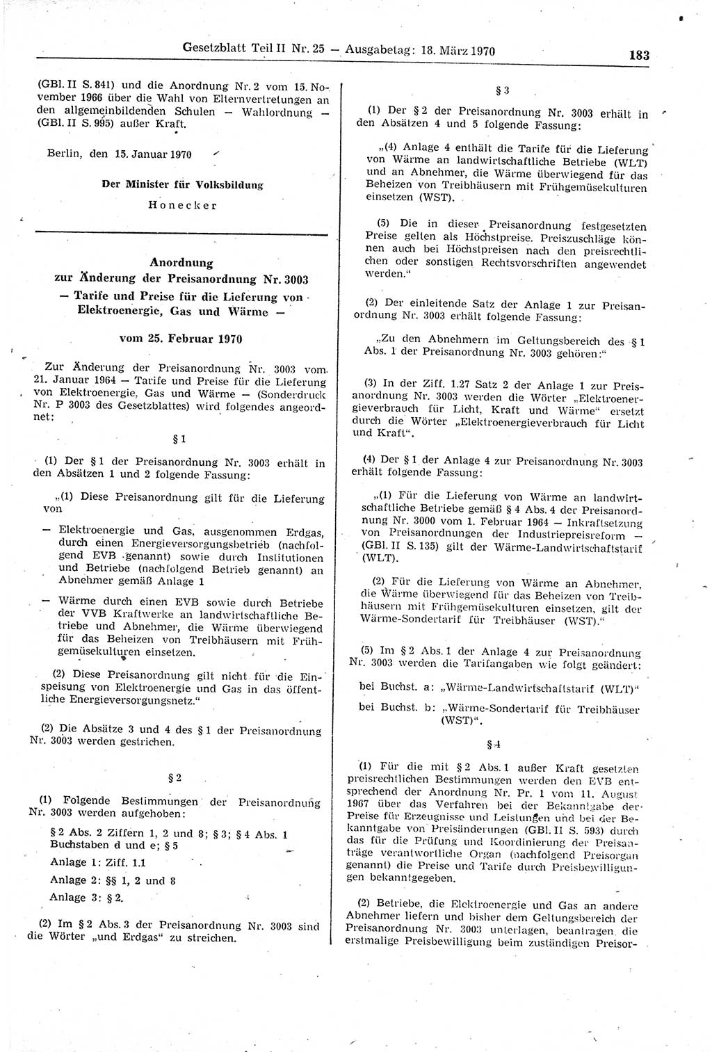 Gesetzblatt (GBl.) der Deutschen Demokratischen Republik (DDR) Teil ⅠⅠ 1970, Seite 183 (GBl. DDR ⅠⅠ 1970, S. 183)