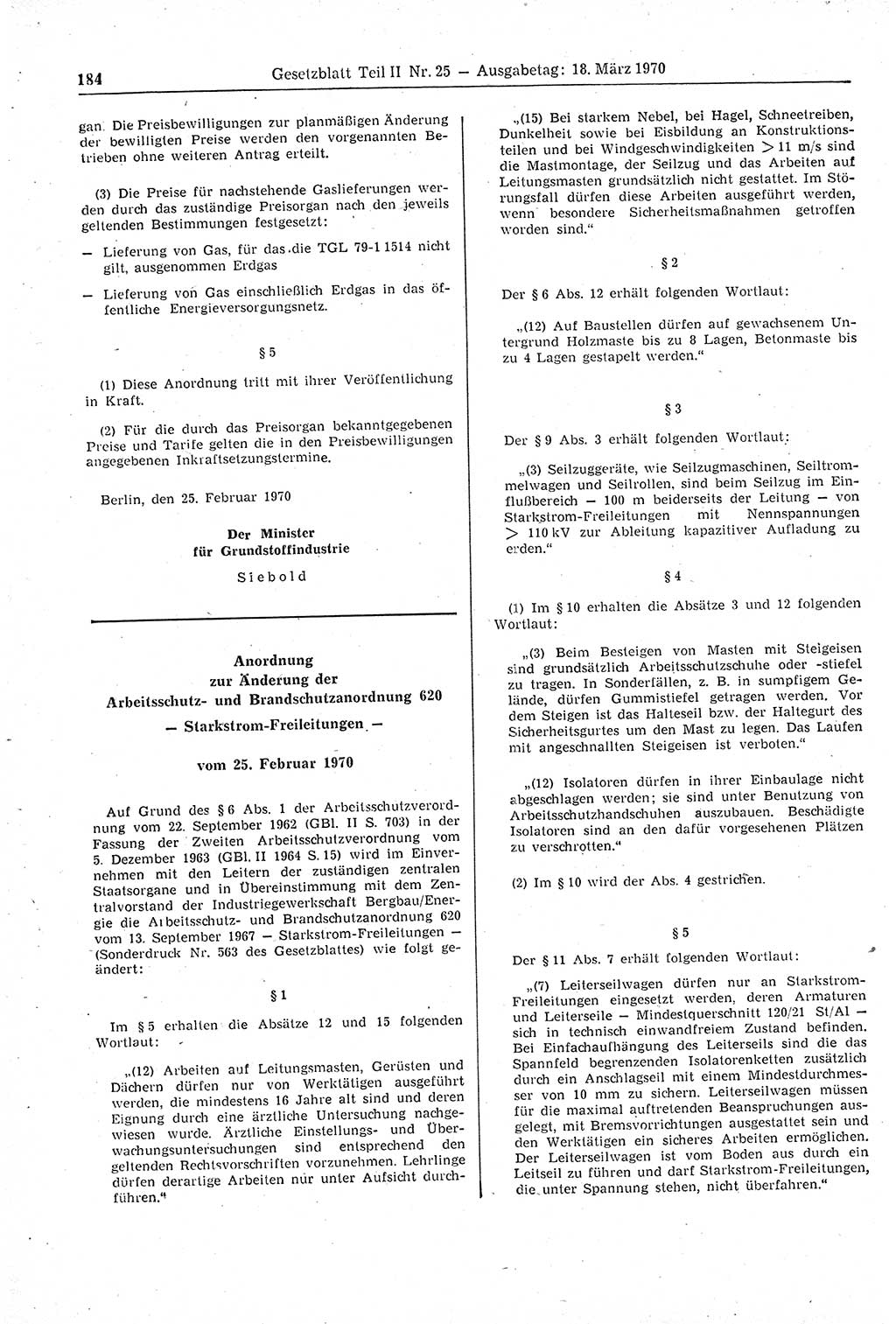 Gesetzblatt (GBl.) der Deutschen Demokratischen Republik (DDR) Teil ⅠⅠ 1970, Seite 184 (GBl. DDR ⅠⅠ 1970, S. 184)