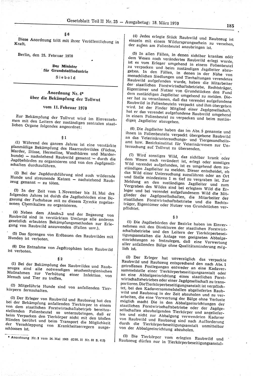 Gesetzblatt (GBl.) der Deutschen Demokratischen Republik (DDR) Teil ⅠⅠ 1970, Seite 185 (GBl. DDR ⅠⅠ 1970, S. 185)