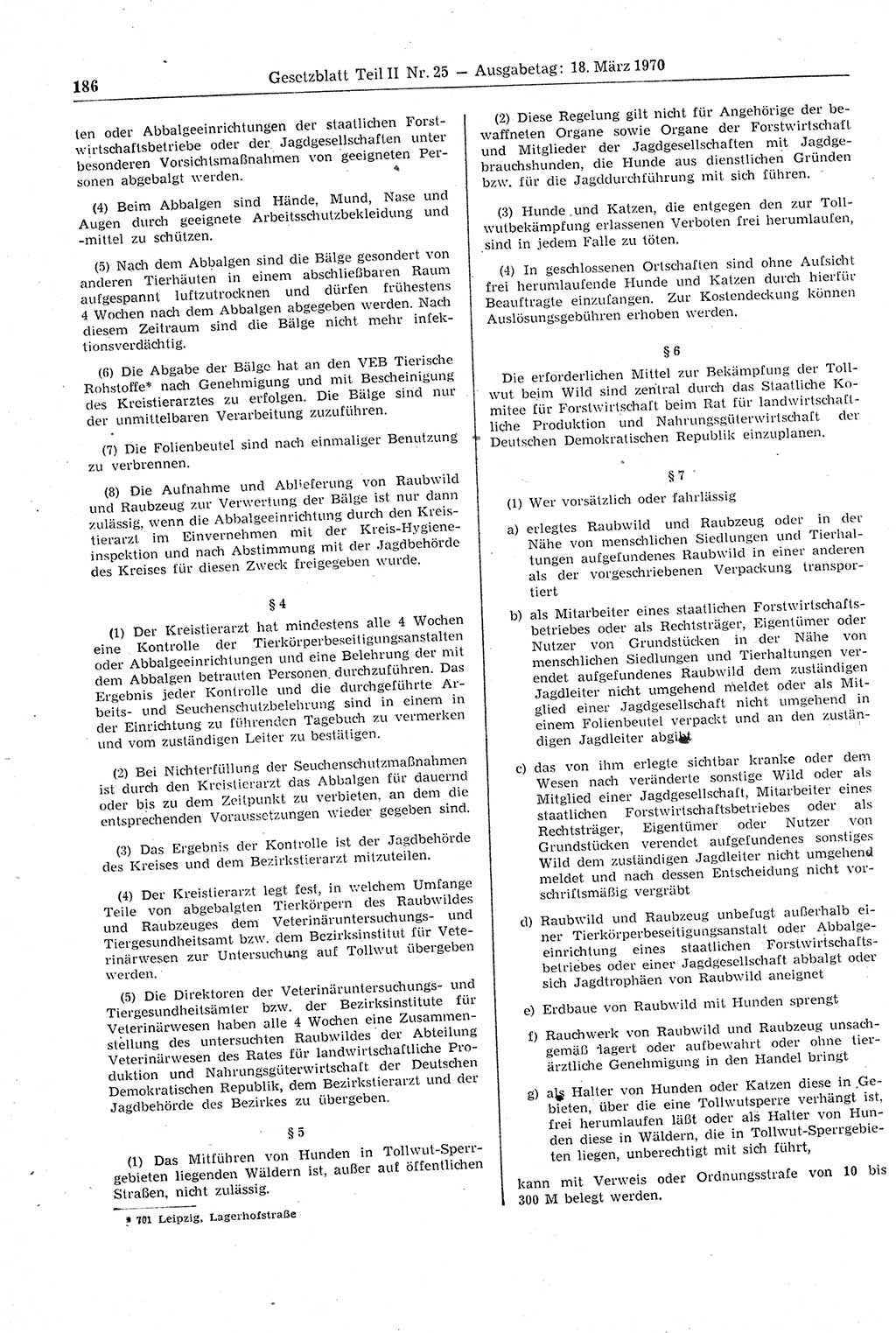 Gesetzblatt (GBl.) der Deutschen Demokratischen Republik (DDR) Teil ⅠⅠ 1970, Seite 186 (GBl. DDR ⅠⅠ 1970, S. 186)