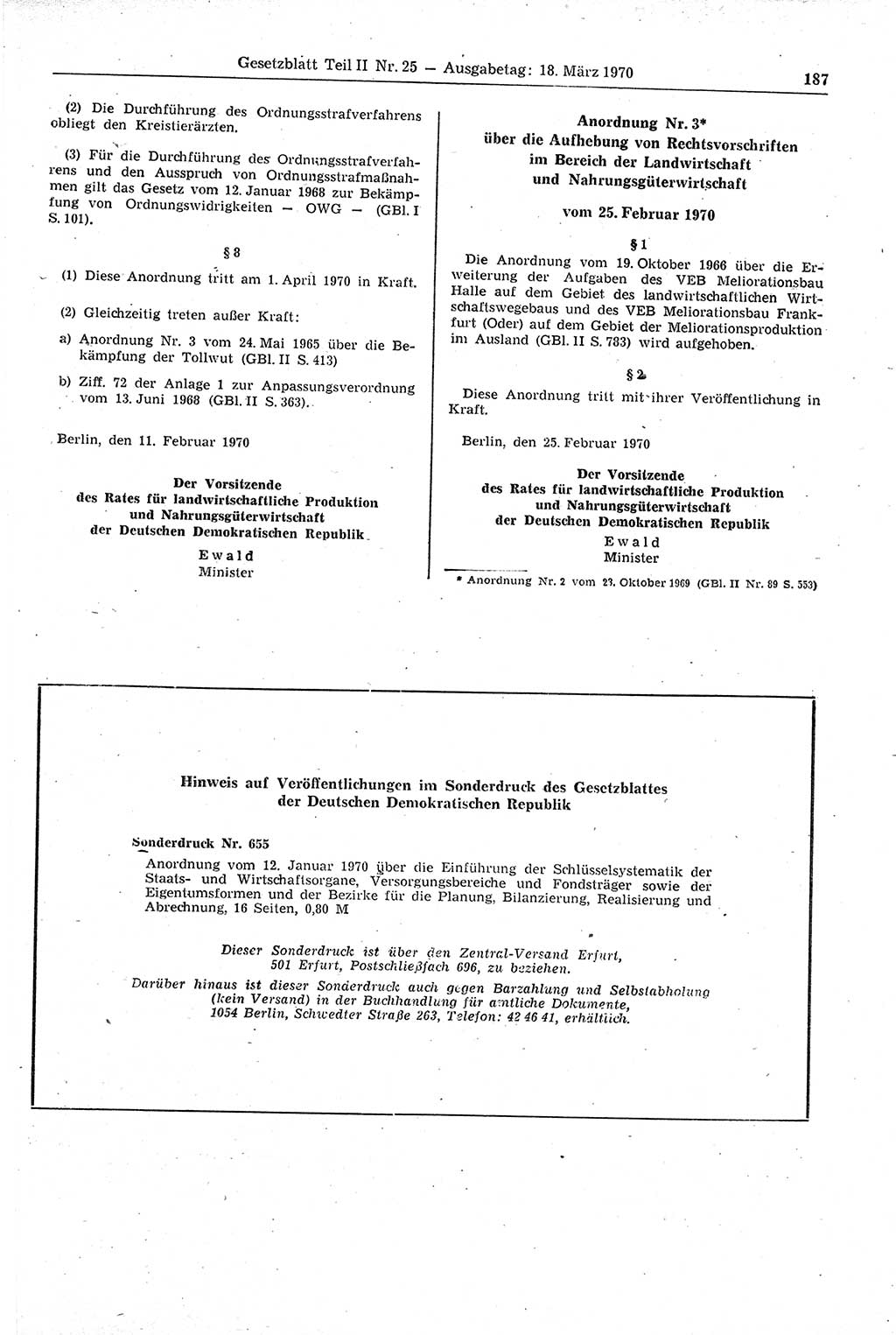 Gesetzblatt (GBl.) der Deutschen Demokratischen Republik (DDR) Teil ⅠⅠ 1970, Seite 187 (GBl. DDR ⅠⅠ 1970, S. 187)