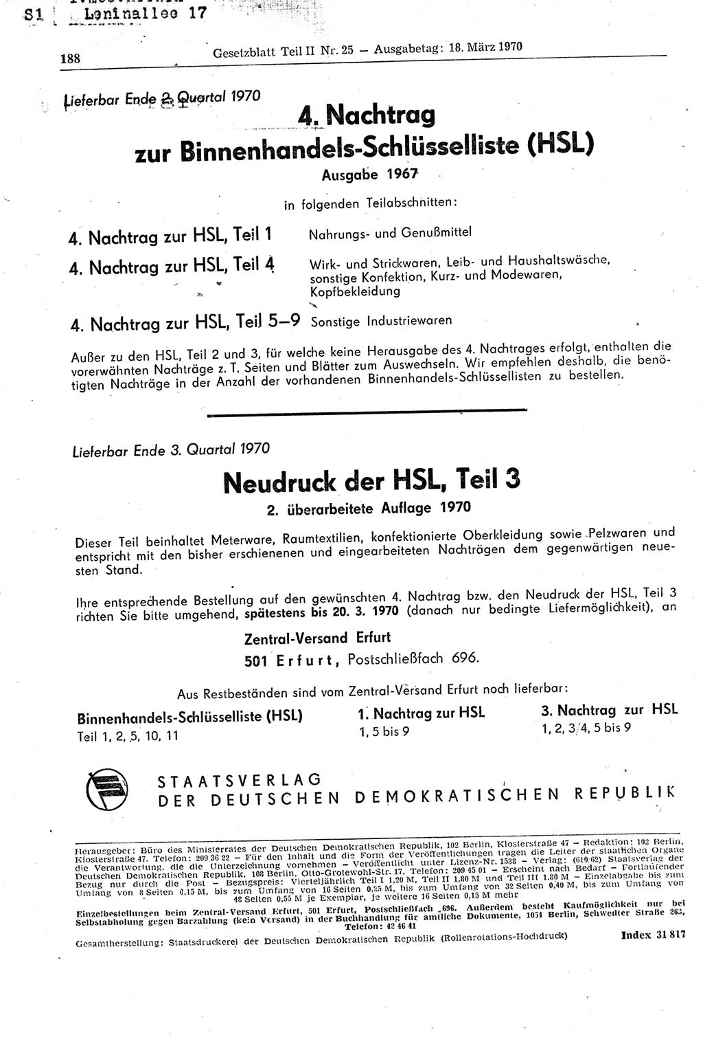 Gesetzblatt (GBl.) der Deutschen Demokratischen Republik (DDR) Teil ⅠⅠ 1970, Seite 188 (GBl. DDR ⅠⅠ 1970, S. 188)
