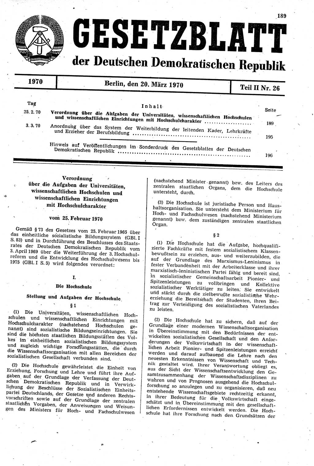 Gesetzblatt (GBl.) der Deutschen Demokratischen Republik (DDR) Teil ⅠⅠ 1970, Seite 189 (GBl. DDR ⅠⅠ 1970, S. 189)
