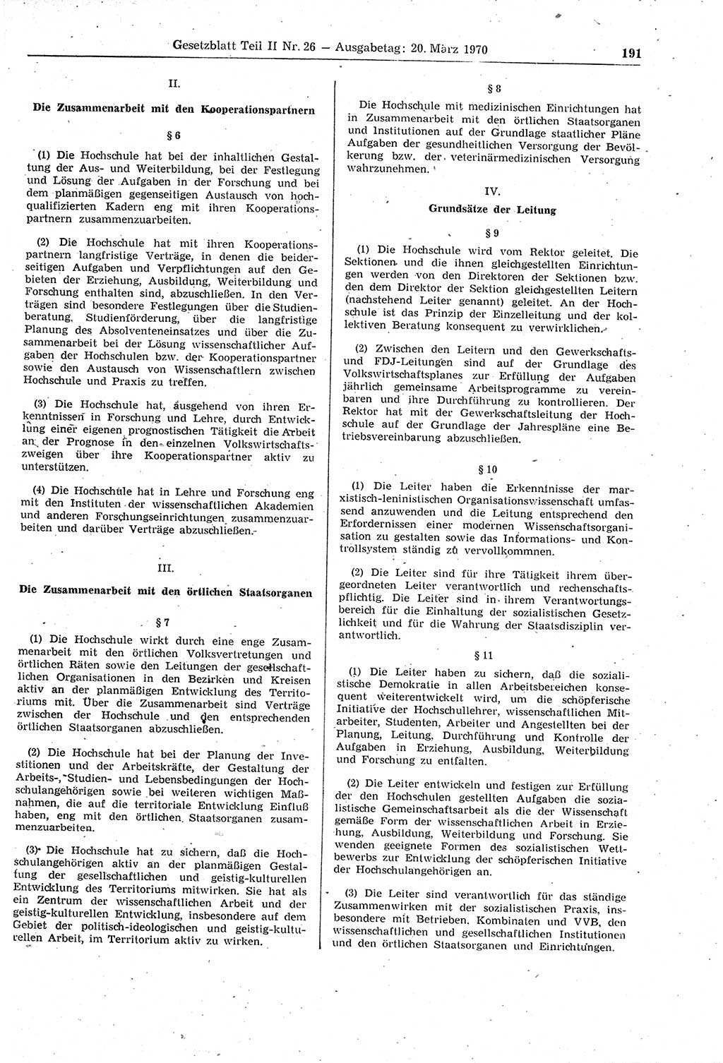 Gesetzblatt (GBl.) der Deutschen Demokratischen Republik (DDR) Teil ⅠⅠ 1970, Seite 191 (GBl. DDR ⅠⅠ 1970, S. 191)
