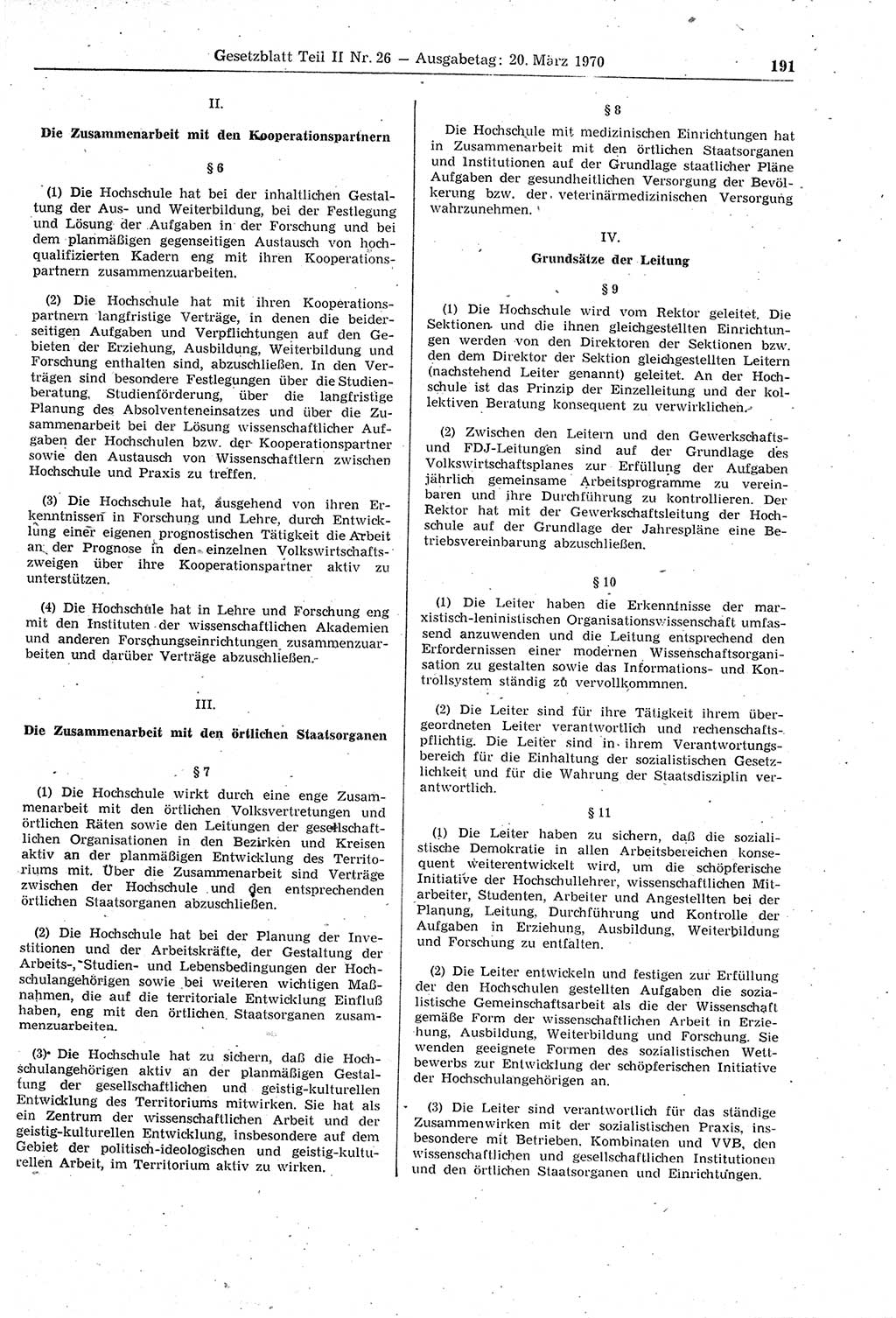 Gesetzblatt (GBl.) der Deutschen Demokratischen Republik (DDR) Teil ⅠⅠ 1970, Seite 191 (GBl. DDR ⅠⅠ 1970, S. 191)