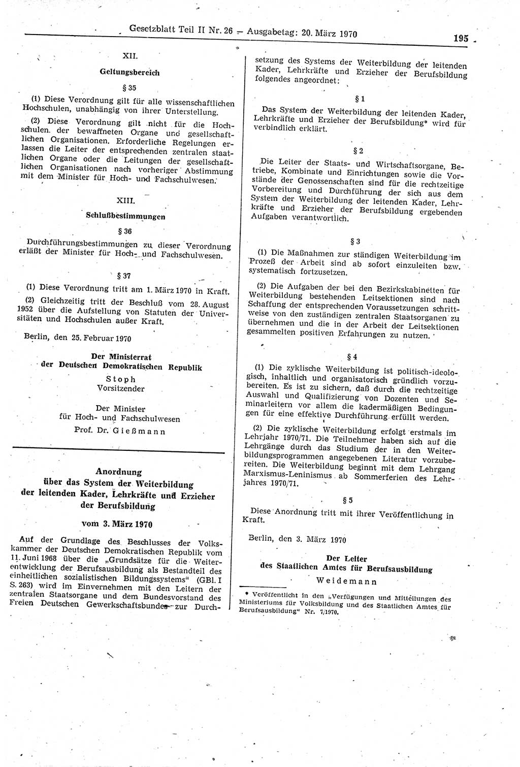 Gesetzblatt (GBl.) der Deutschen Demokratischen Republik (DDR) Teil ⅠⅠ 1970, Seite 195 (GBl. DDR ⅠⅠ 1970, S. 195)
