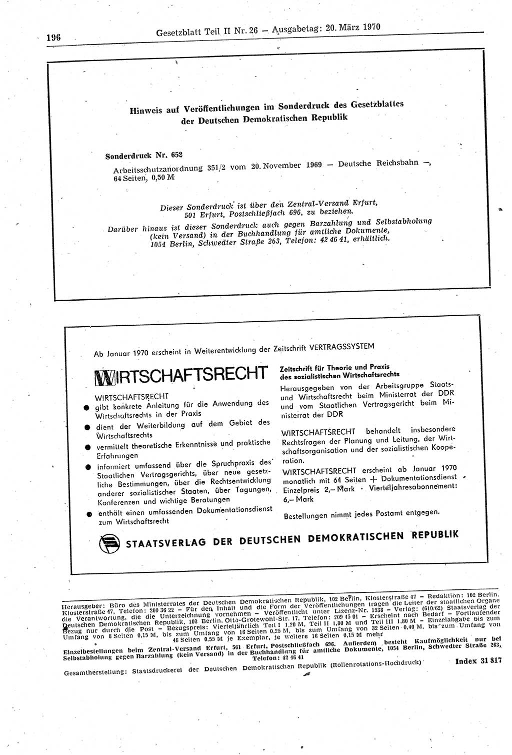 Gesetzblatt (GBl.) der Deutschen Demokratischen Republik (DDR) Teil ⅠⅠ 1970, Seite 196 (GBl. DDR ⅠⅠ 1970, S. 196)