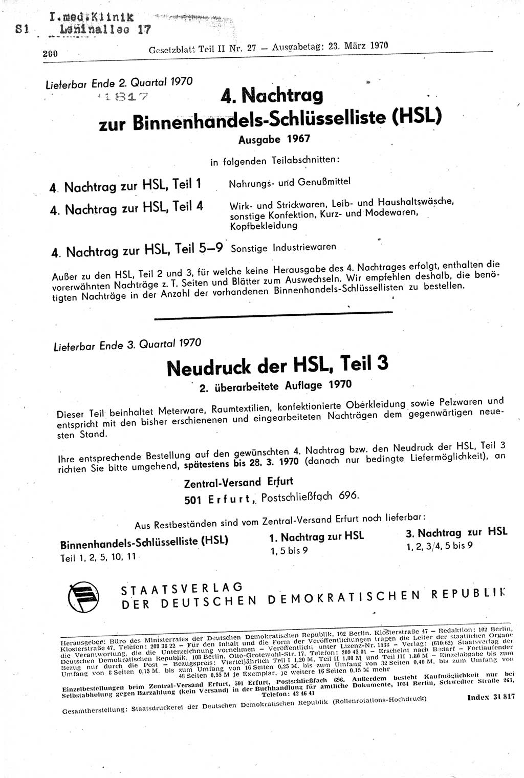 Gesetzblatt (GBl.) der Deutschen Demokratischen Republik (DDR) Teil ⅠⅠ 1970, Seite 200 (GBl. DDR ⅠⅠ 1970, S. 200)