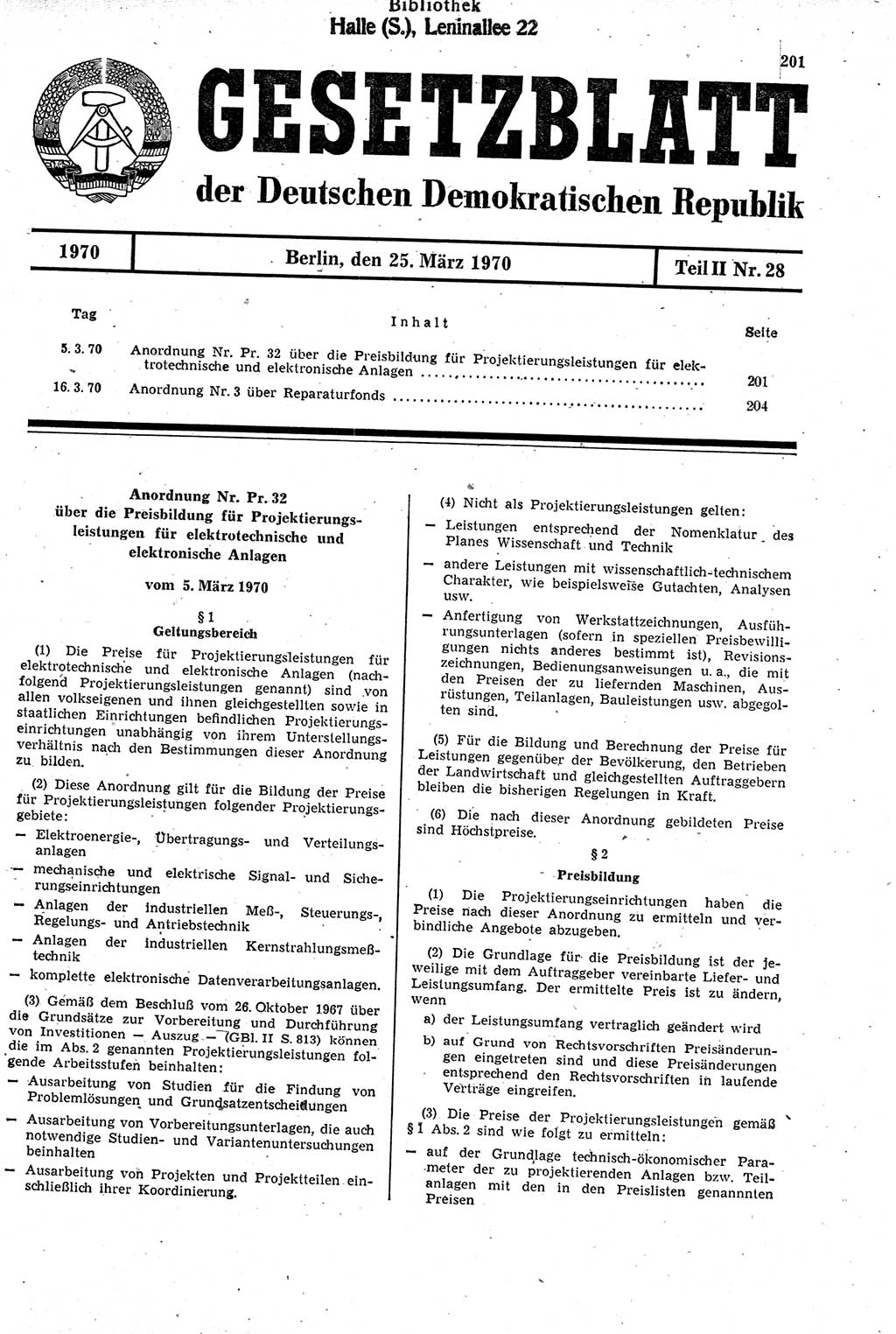 Gesetzblatt (GBl.) der Deutschen Demokratischen Republik (DDR) Teil ⅠⅠ 1970, Seite 201 (GBl. DDR ⅠⅠ 1970, S. 201)