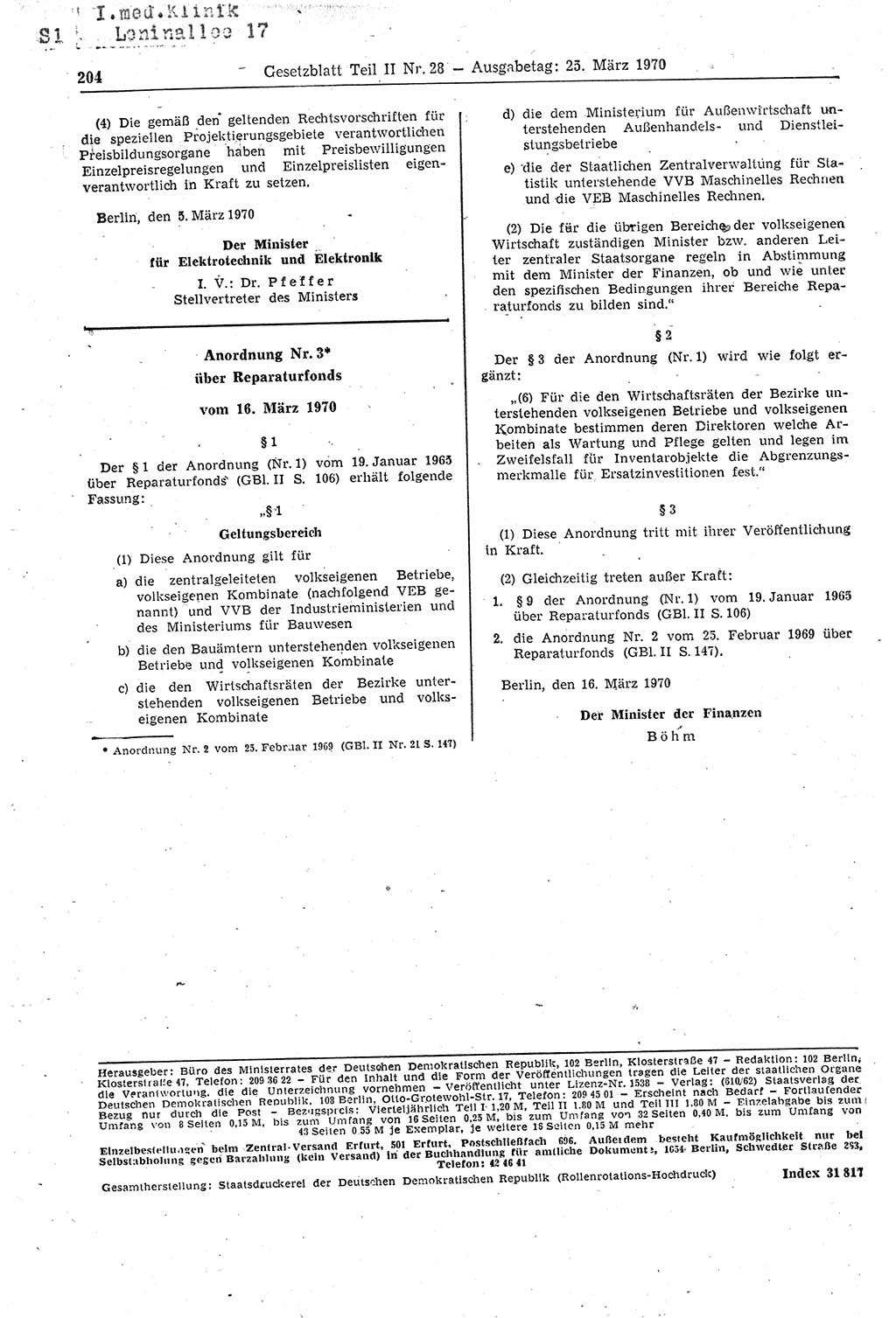 Gesetzblatt (GBl.) der Deutschen Demokratischen Republik (DDR) Teil ⅠⅠ 1970, Seite 204 (GBl. DDR ⅠⅠ 1970, S. 204)