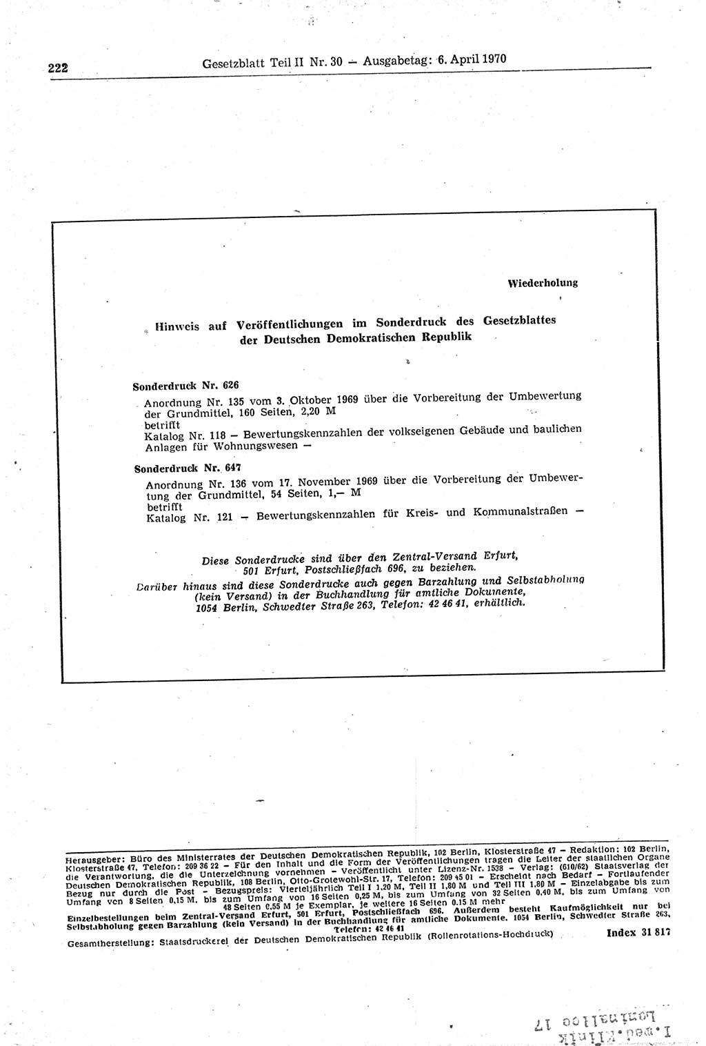 Gesetzblatt (GBl.) der Deutschen Demokratischen Republik (DDR) Teil ⅠⅠ 1970, Seite 222 (GBl. DDR ⅠⅠ 1970, S. 222)