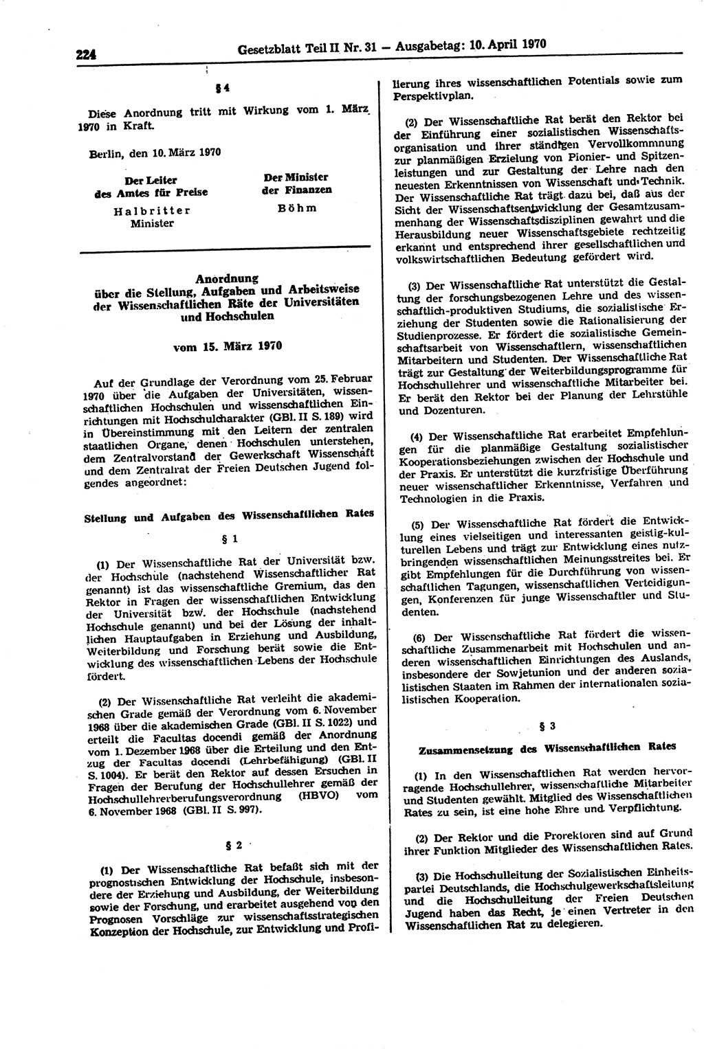 Gesetzblatt (GBl.) der Deutschen Demokratischen Republik (DDR) Teil ⅠⅠ 1970, Seite 224 (GBl. DDR ⅠⅠ 1970, S. 224)