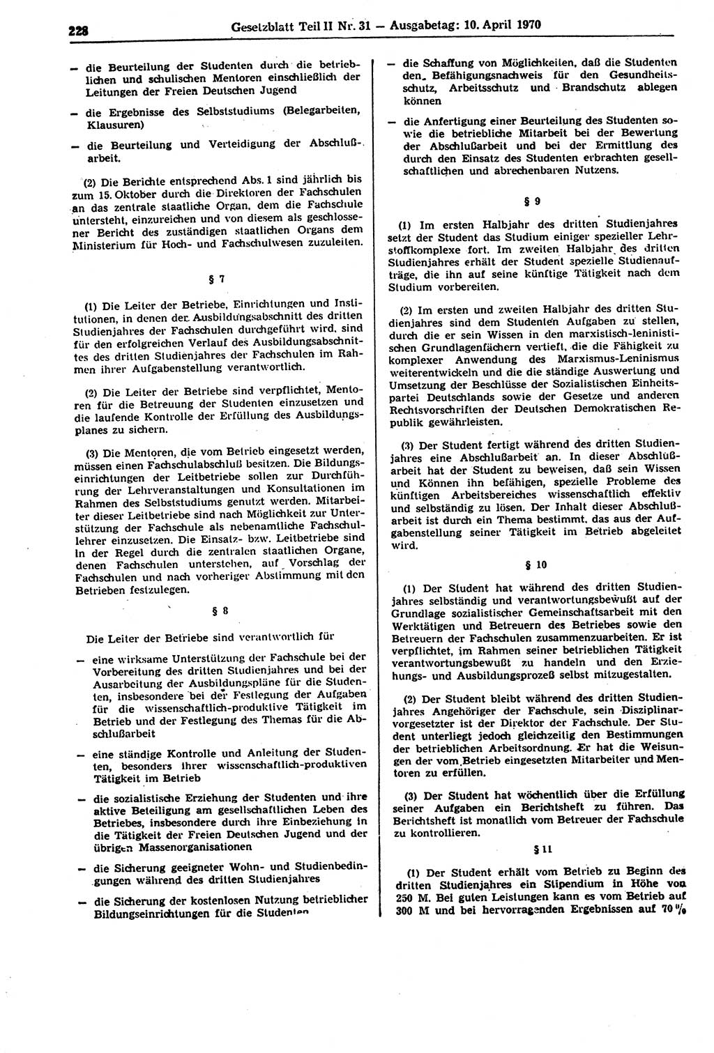 Gesetzblatt (GBl.) der Deutschen Demokratischen Republik (DDR) Teil ⅠⅠ 1970, Seite 228 (GBl. DDR ⅠⅠ 1970, S. 228)